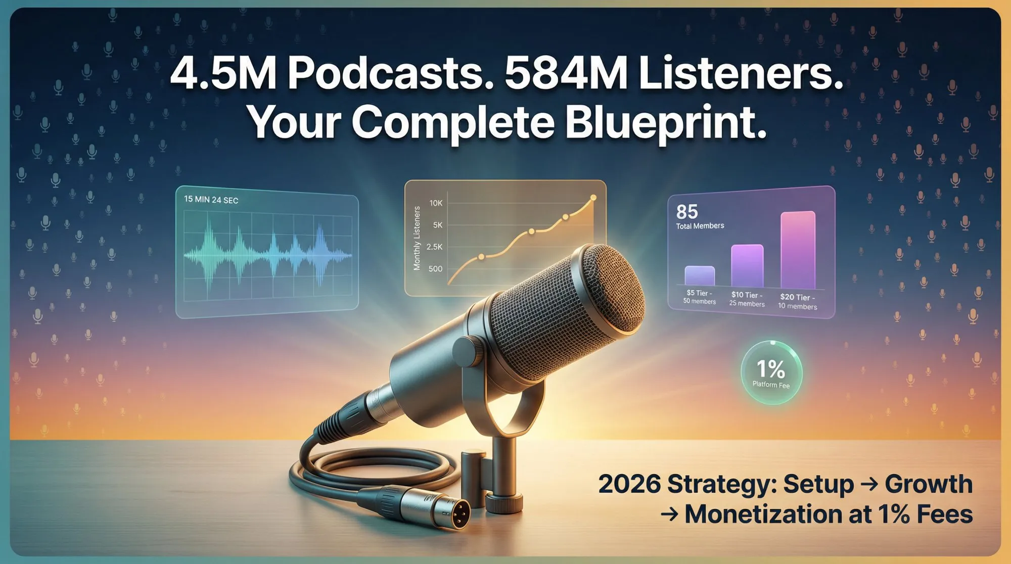 Podcast microphone command center with metrics, waveforms, and 4.5M podcast constellation in cinematic editorial style