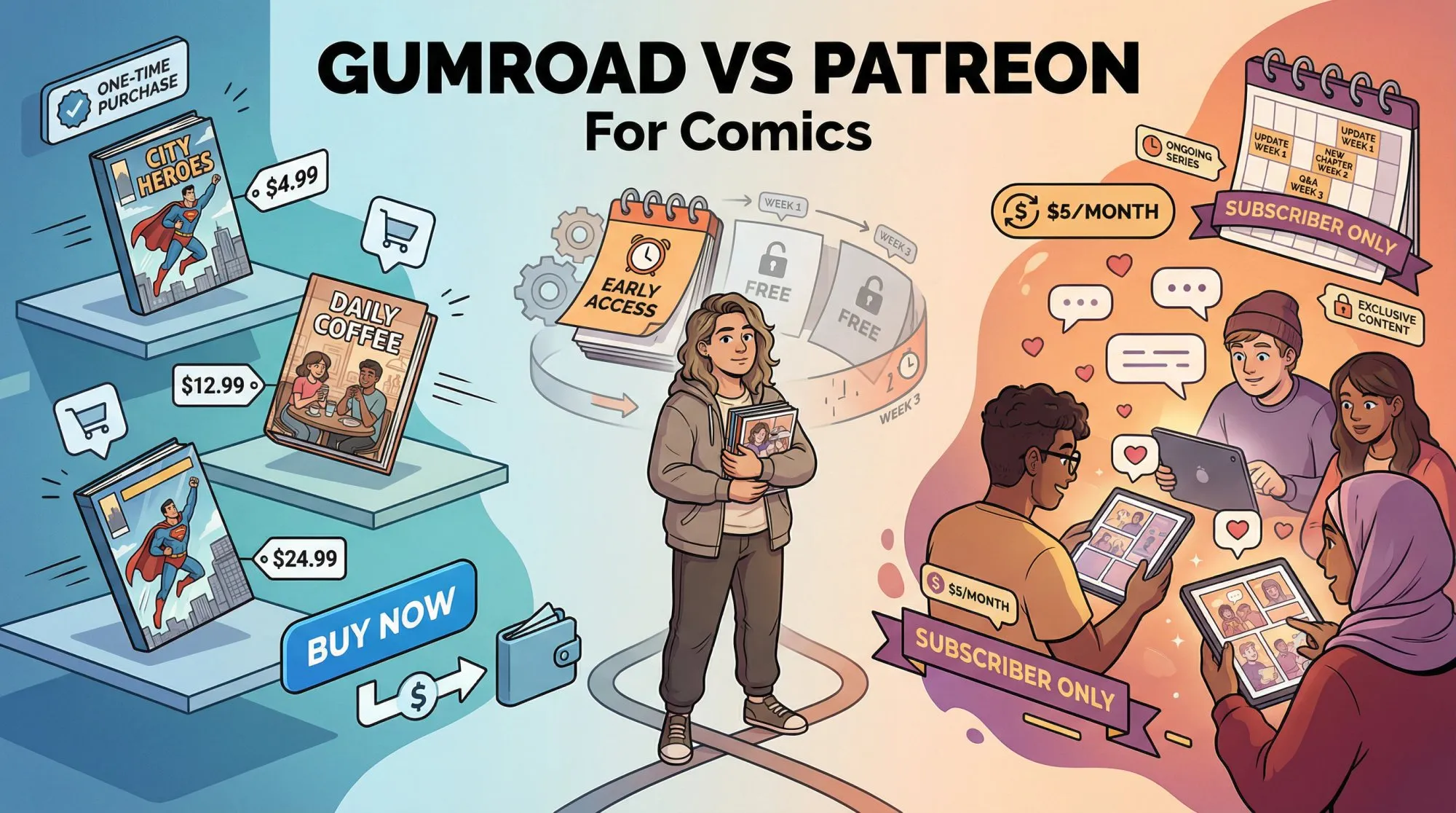 Split illustration showing two paths for comic creators: product sales storefront vs subscription community model