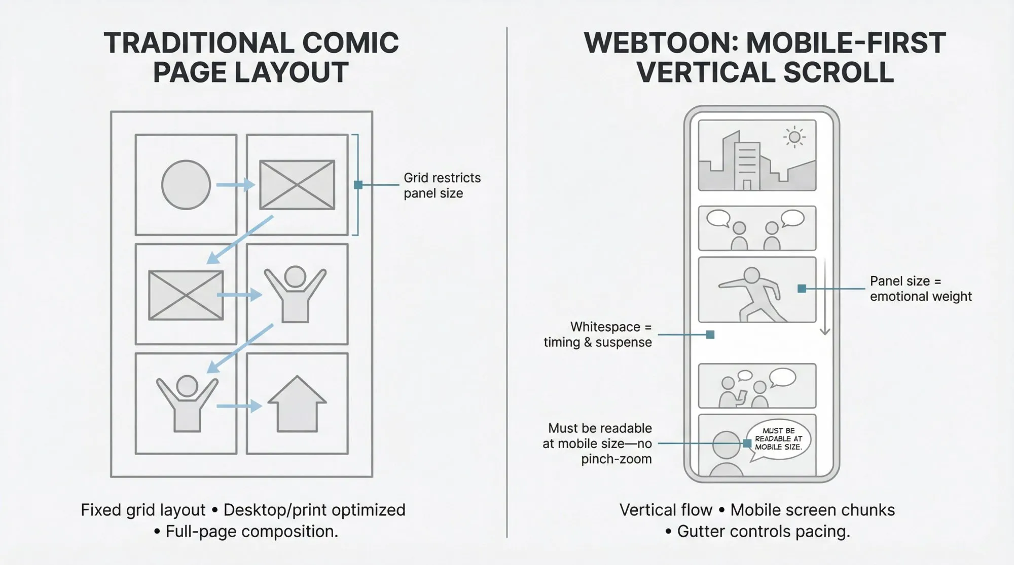 Side-by-side comparison showing traditional comic page layout versus mobile-first webtoon vertical scroll format