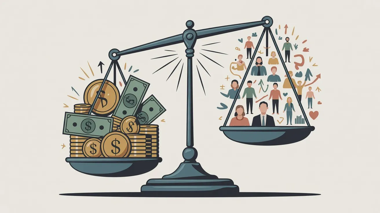 Balance scale showing impossible choice between money and audience reach