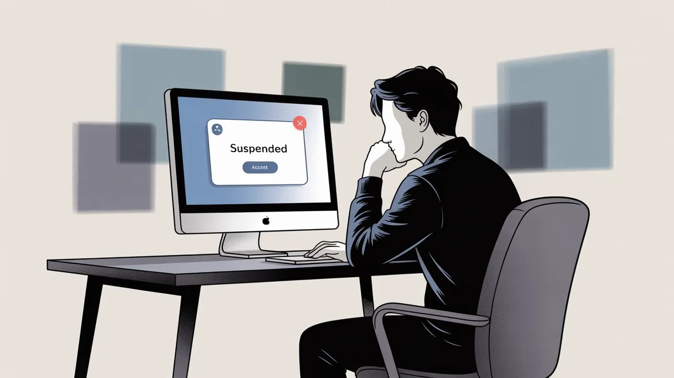 Creator at computer workspace viewing account suspended notification on screen