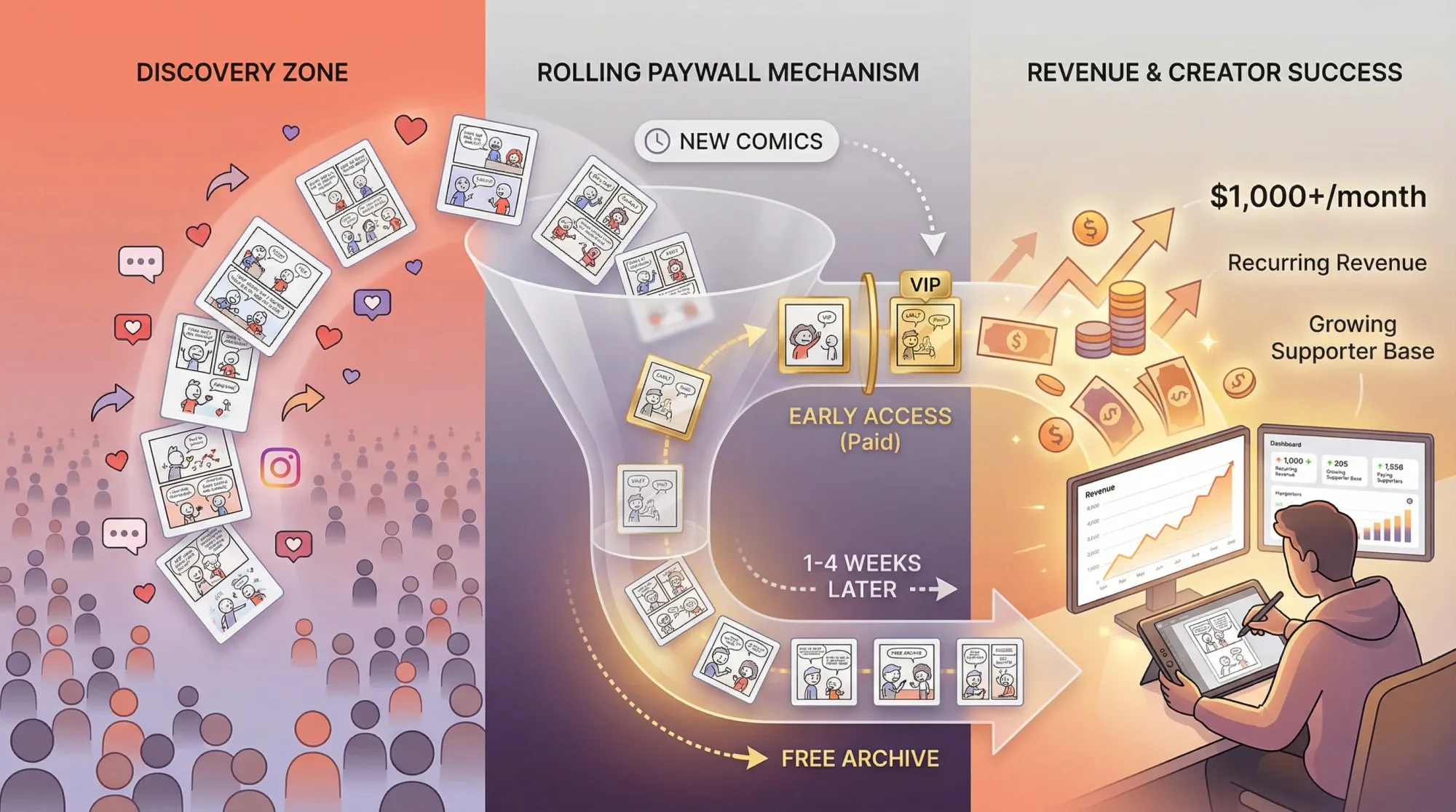 Visual diagram showing webcomic monetization flow from Instagram audience to paid supporters through rolling paywalls