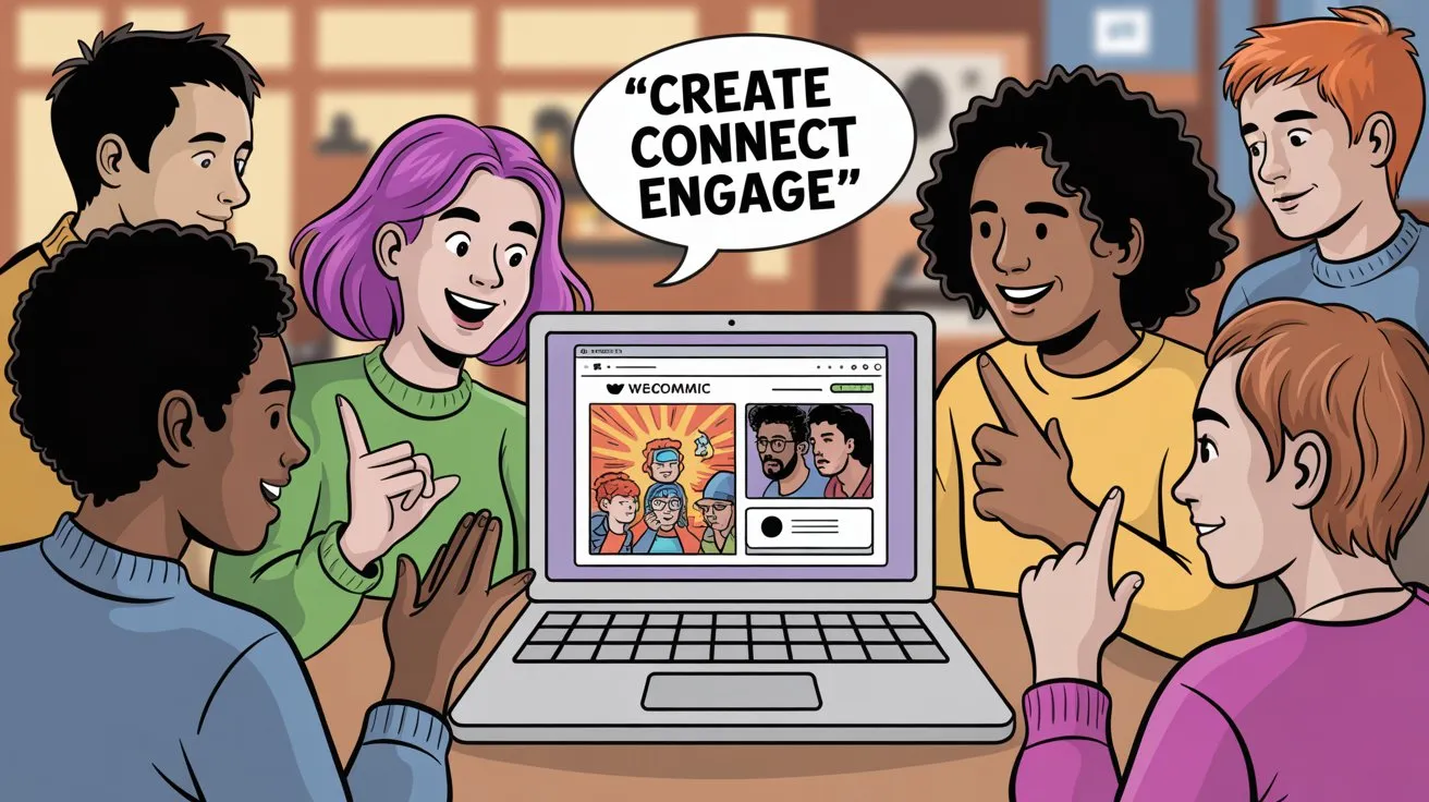 Diverse group of webcomic readers gathered around a laptop engaging with content, illustrating community building and audience connection for creators