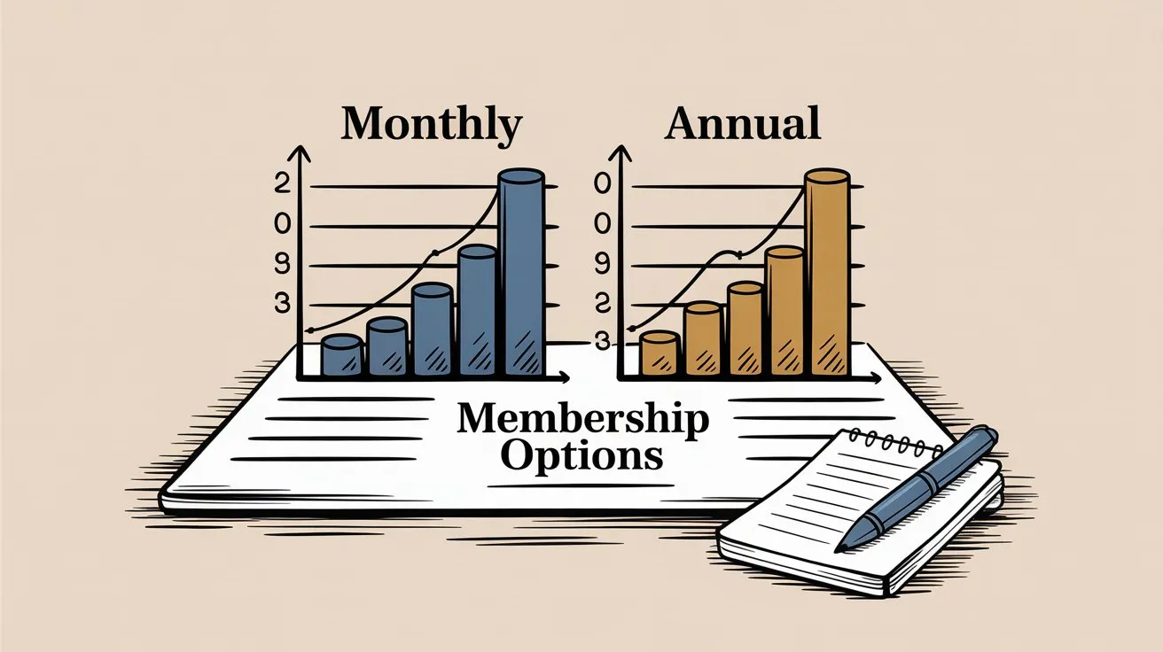 Hand-drawn illustration comparing monthly and annual membership billing options on a platform display with growth charts