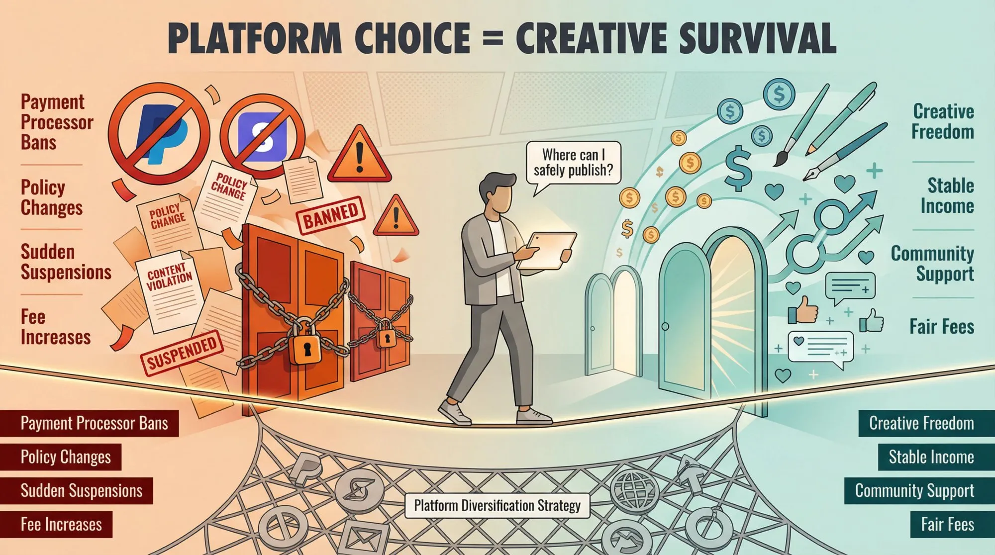 Editorial illustration of NSFW artist balancing on tightrope between platform risks and creative freedom
