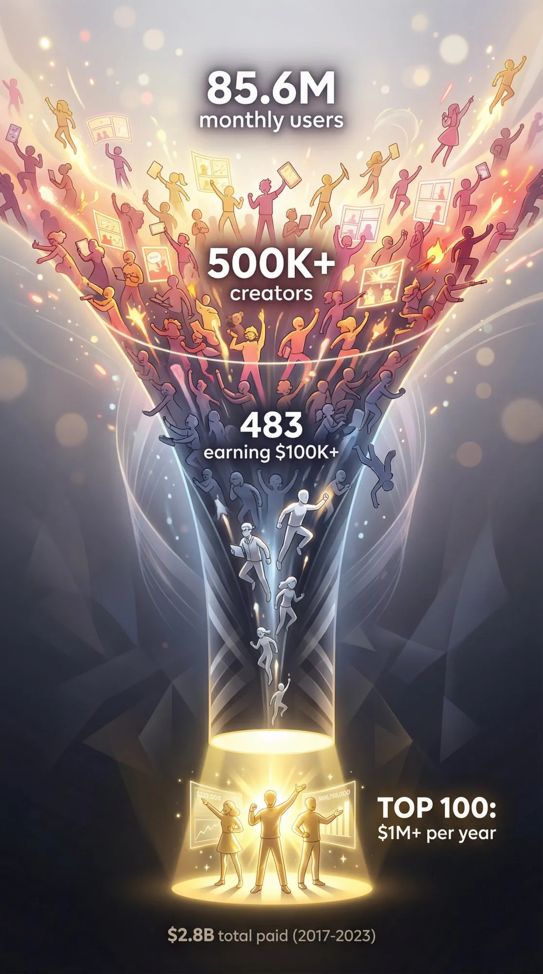 Massive funnel visualization showing millions of WEBTOON creators narrowing to tiny professional tier earning top dollar