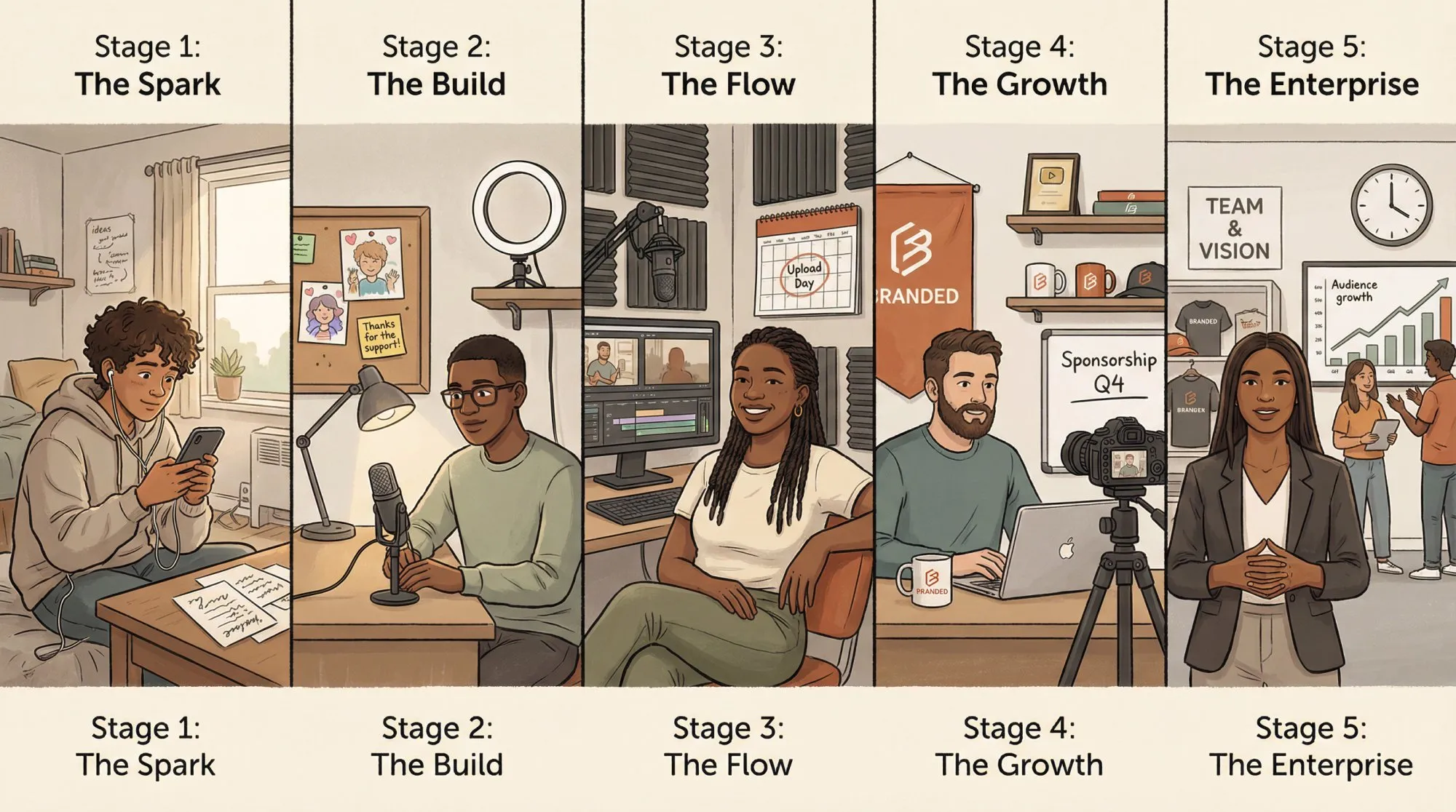 Five diverse content creators at different growth stages: from day-one with just a smartphone, to small engaged community, to medium-sized audience, to full-time professional, positioned left to right showing the progression of the creator economy journey.
