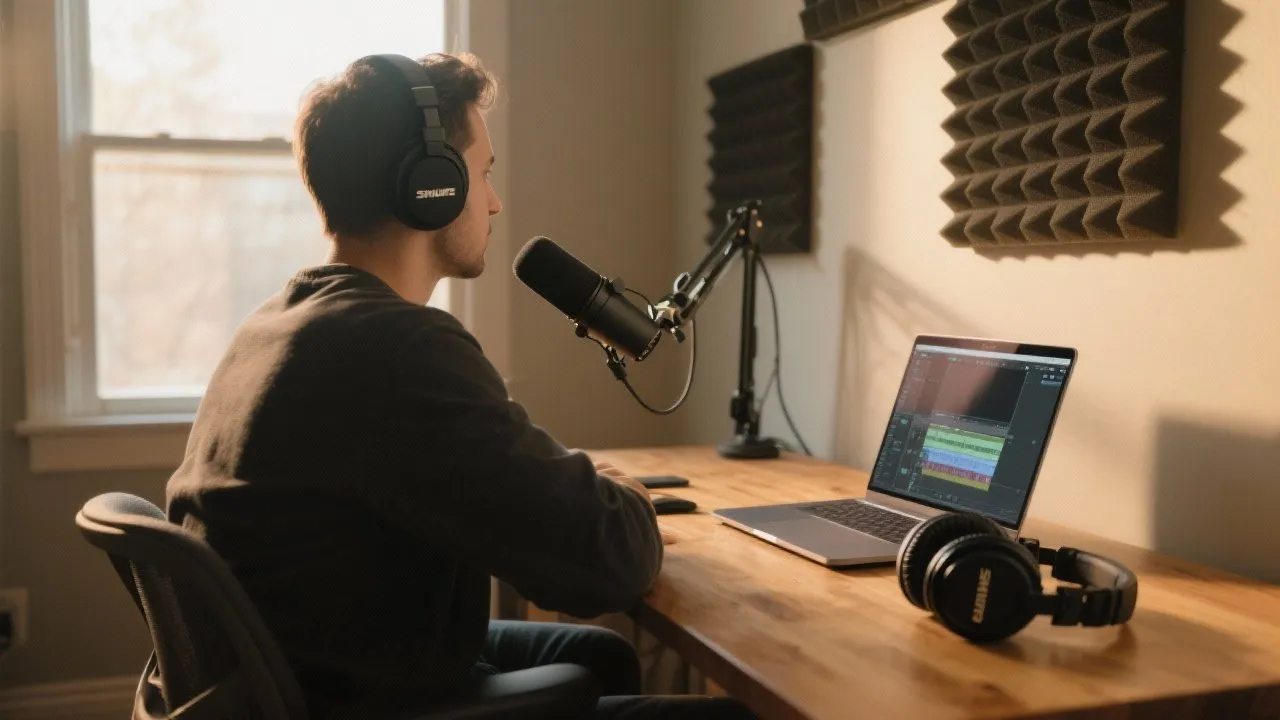 Professional podcaster recording in home studio with broadcast microphone and laptop, natural window lighting and acoustic treatment