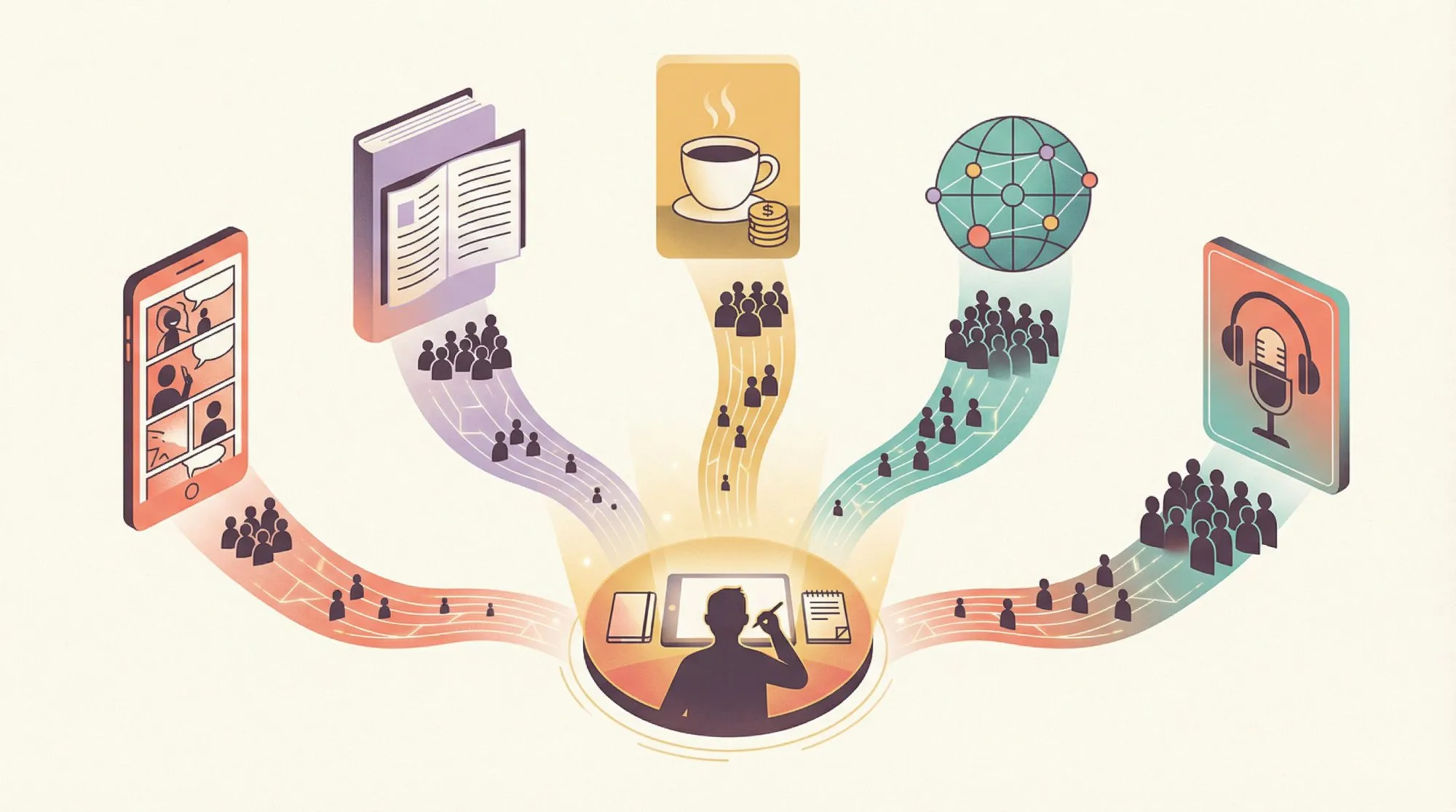 Editorial illustration of a creator distributing content to multiple platforms, showing content radiating outward to different reader communities