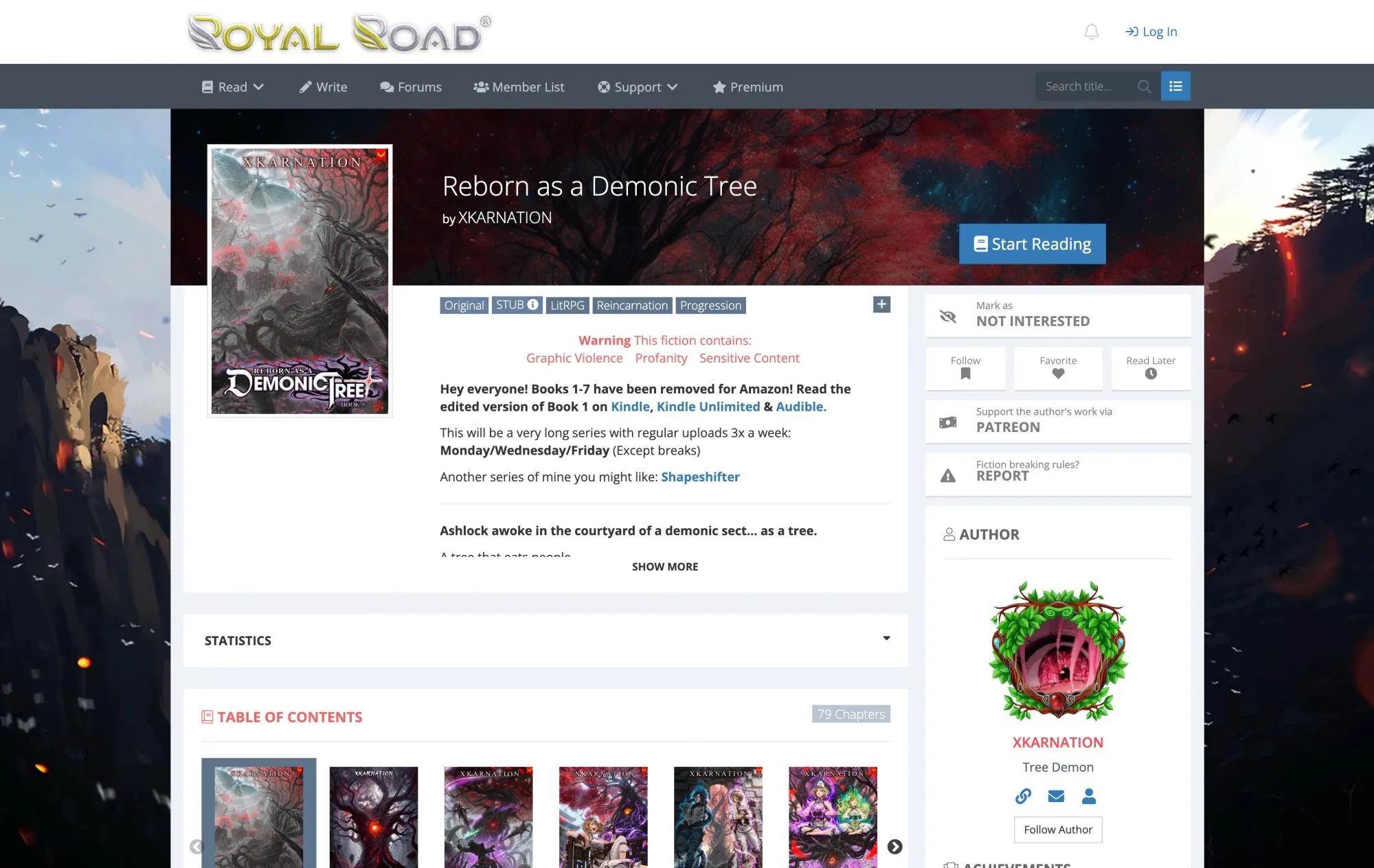 A webpage for the fantasy novel 'Reborn as a Demonic Tree' by XKARNATION, showing the cover, description, and author profile.