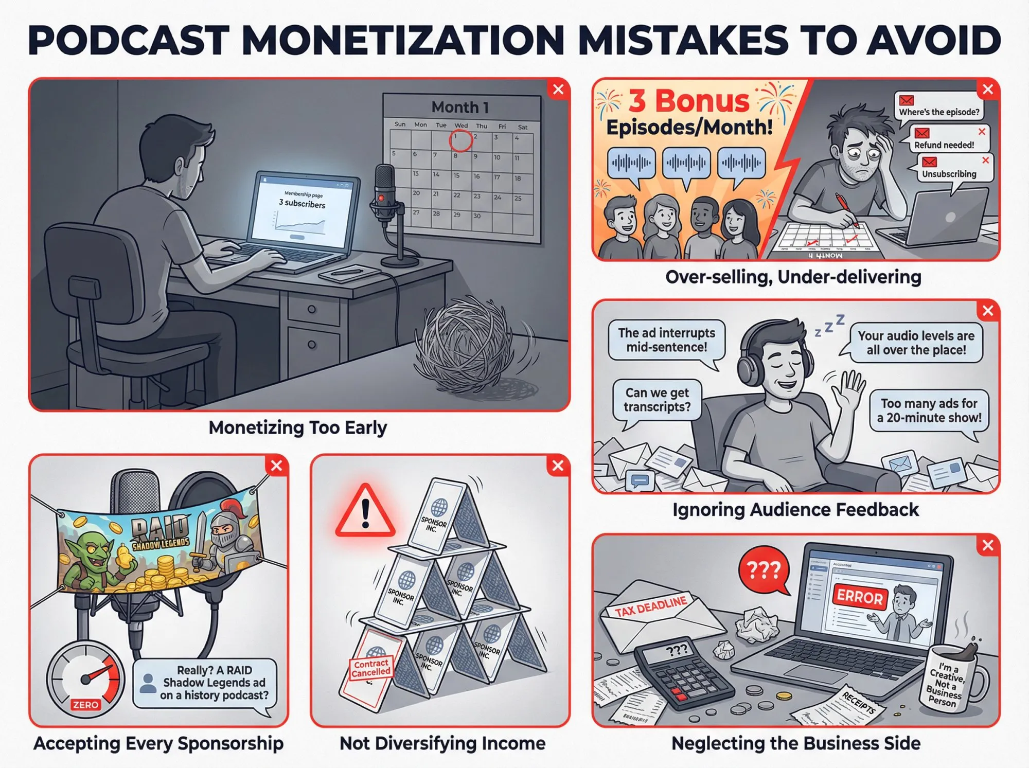 Six illustrated warning scenarios showing common podcast monetization mistakes like launching membership pages too early and accepting mismatched sponsorships