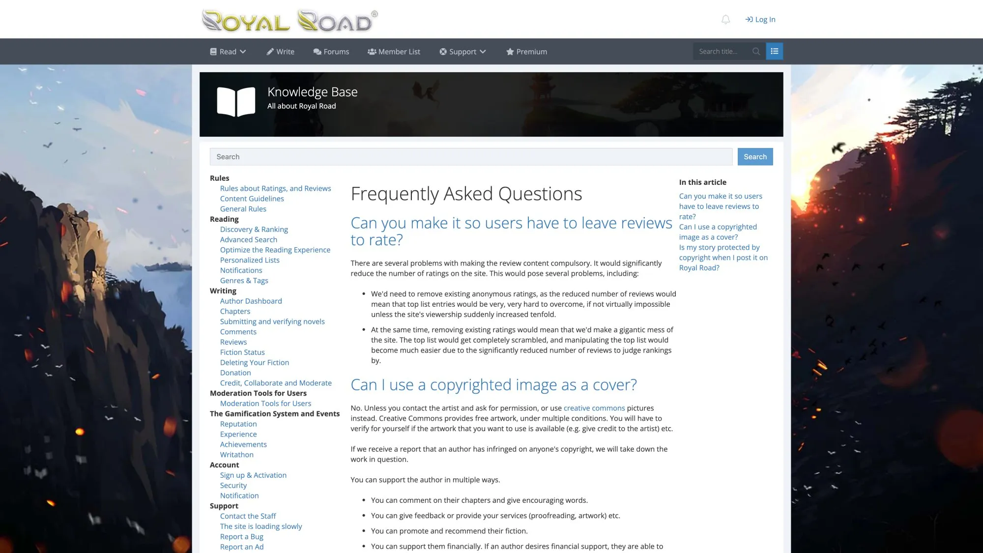 Royal Road support documentation showing how authors can add monetization and donation links to their fiction pages