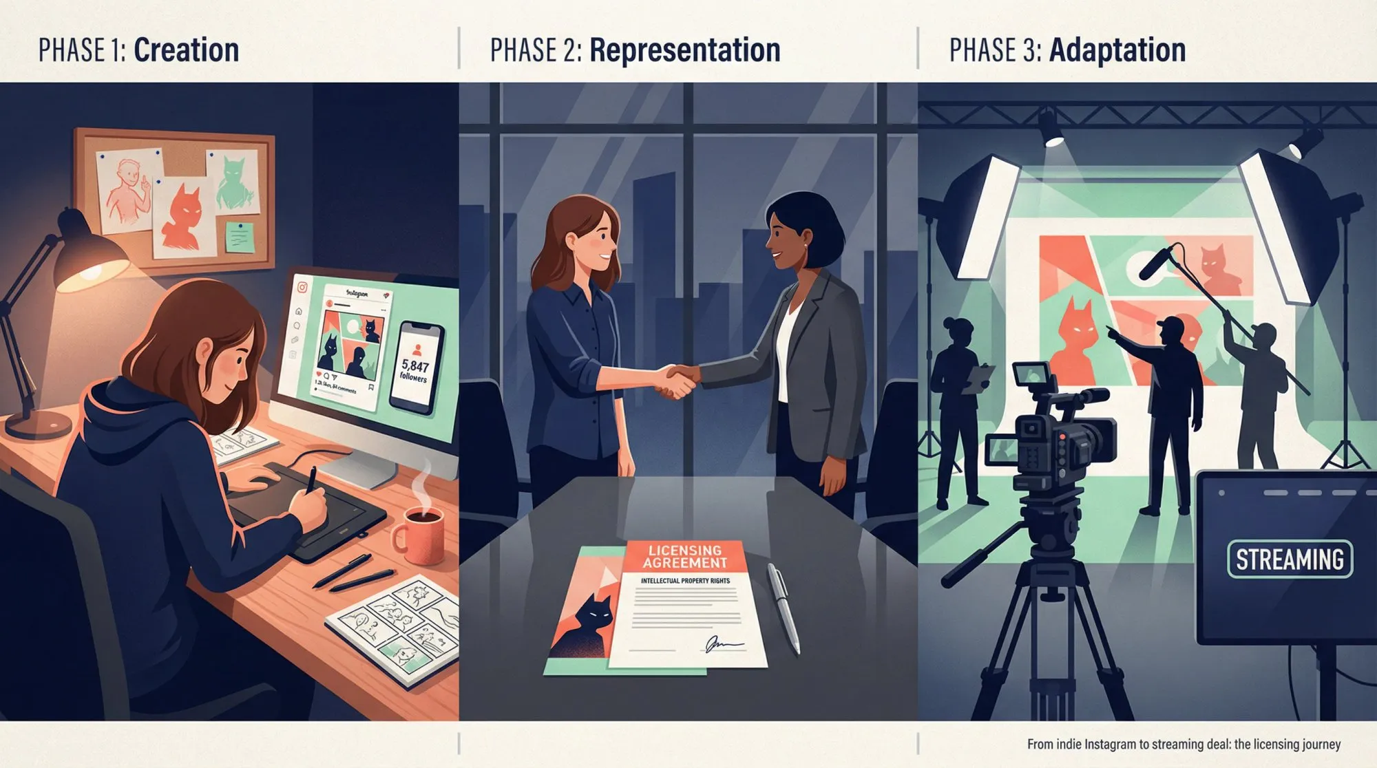 Split-panel editorial illustration showing webcomic creator's journey from indie Instagram artist to major streaming deal
