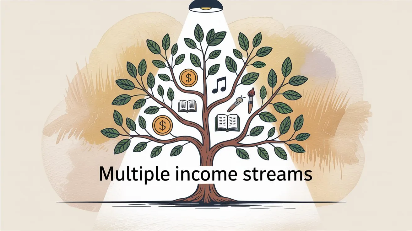 Hand-drawn editorial illustration visualizing multiple income streams and diversified revenue sources for sustainable webcomic business
