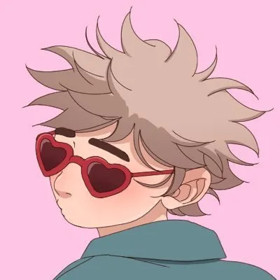 Anime style character profile with spiky hair wearing heart-shaped sunglasses on pink background