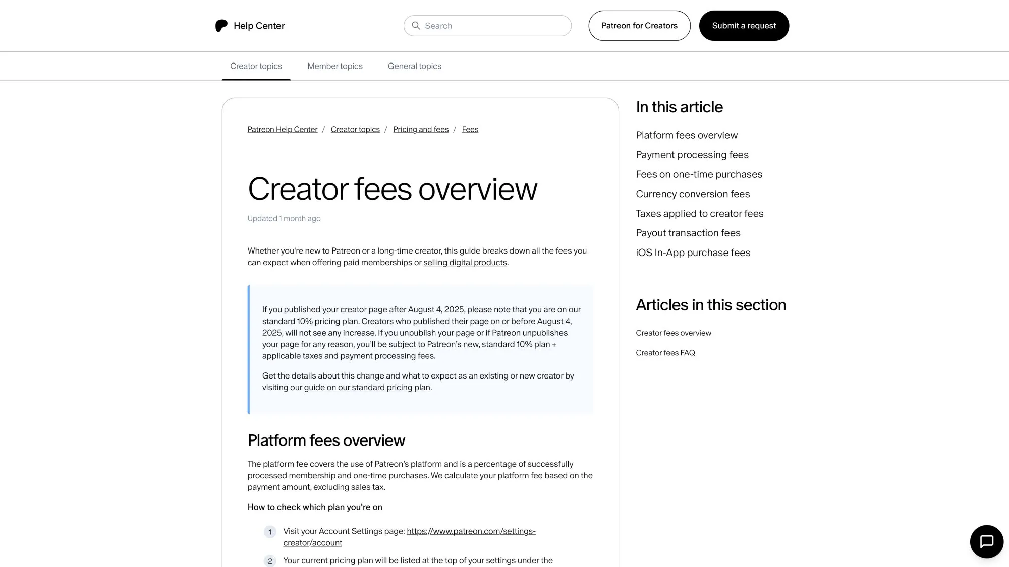 Patreon creator fees overview showing 10% platform fee structure from official support documentation