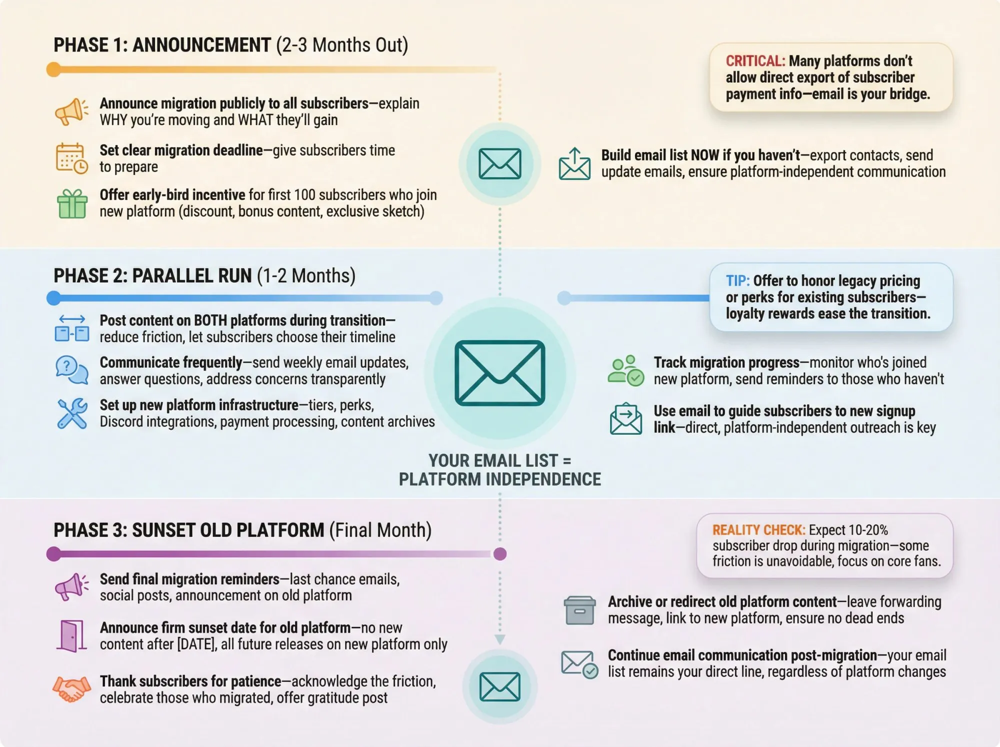 Platform migration process diagram showing three phases with timeline, actions, and email list as central safety net