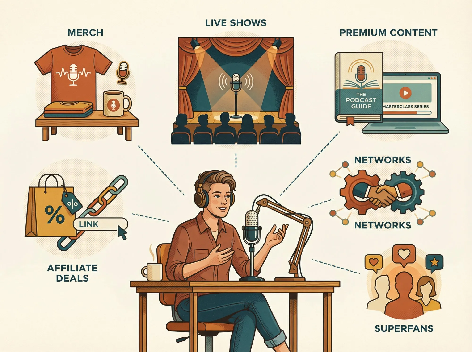Editorial illustration of podcaster surrounded by diverse revenue streams including merch, events, and content
