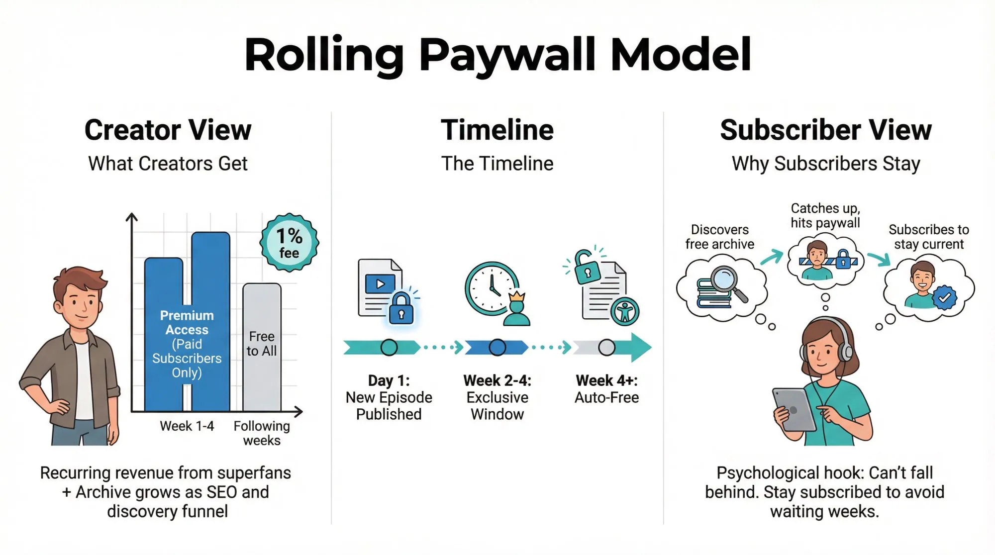 Visual diagram showing rolling paywall mechanics: episodes released to paid subscribers first, then automatically free after 1-4 weeks, with archive growing as discovery funnel below