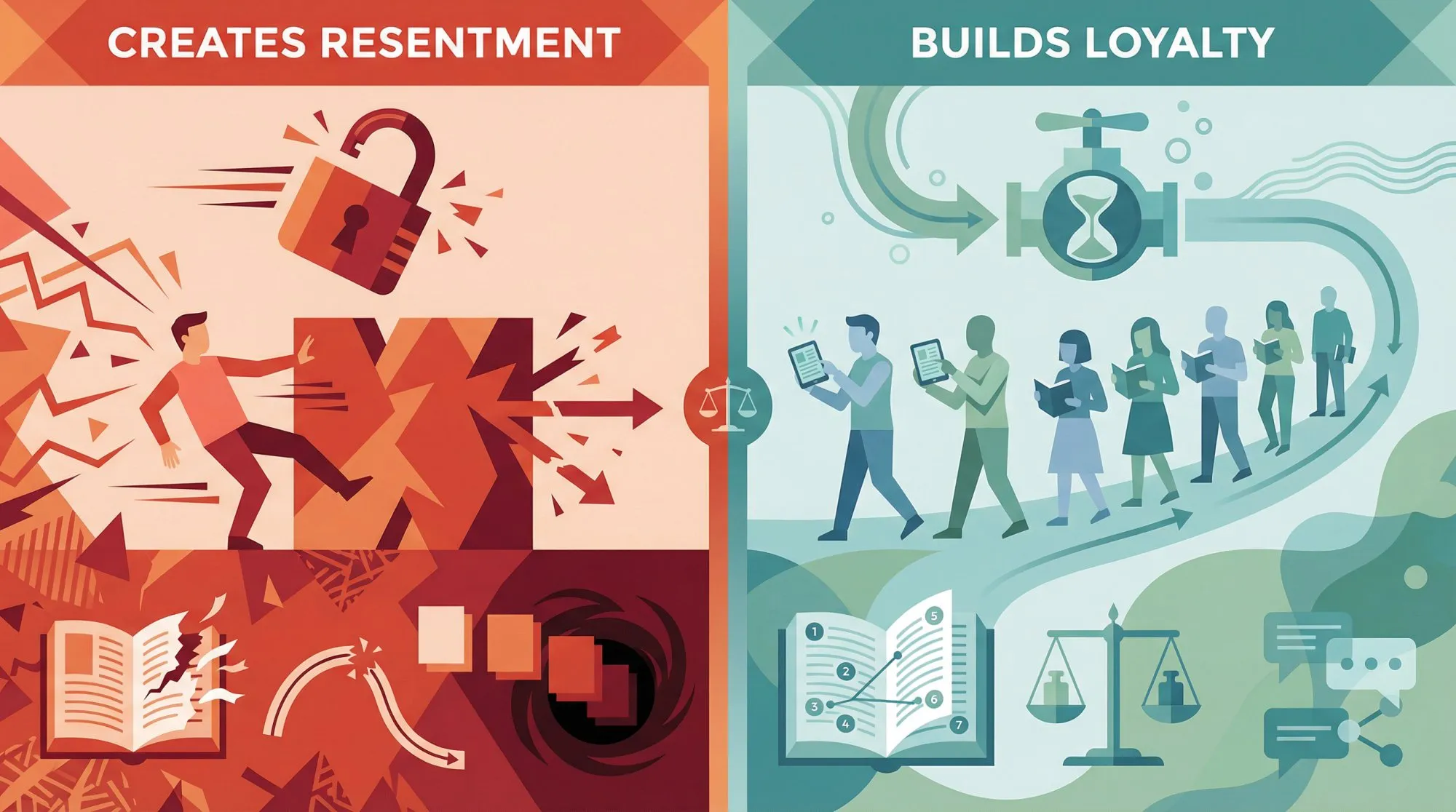 Split editorial illustration contrasting paywall resentment triggers versus healthy monetization practices for Royal Road authors