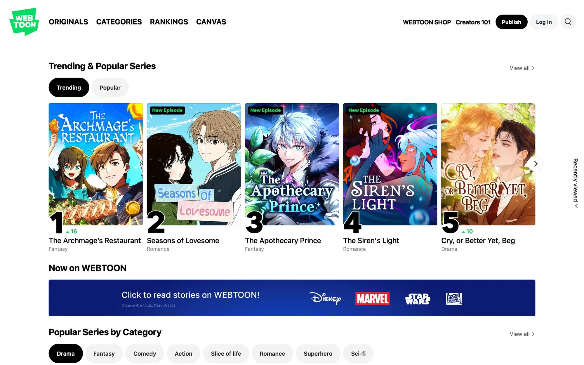 Webtoon homepage showing trending series, popular categories, and promotional content with Disney, Marvel logos.