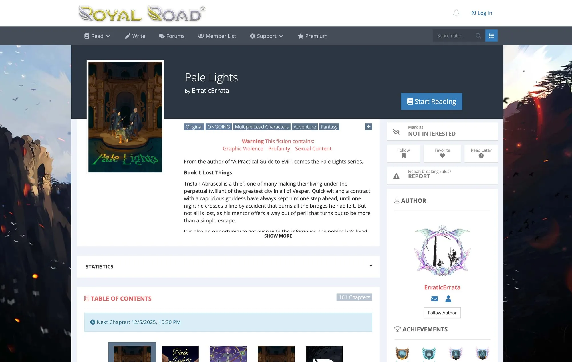 A Royal Road webpage displaying the novel 'Pale Lights' by ErraticErrata, showing the cover, summary, and content warnings.