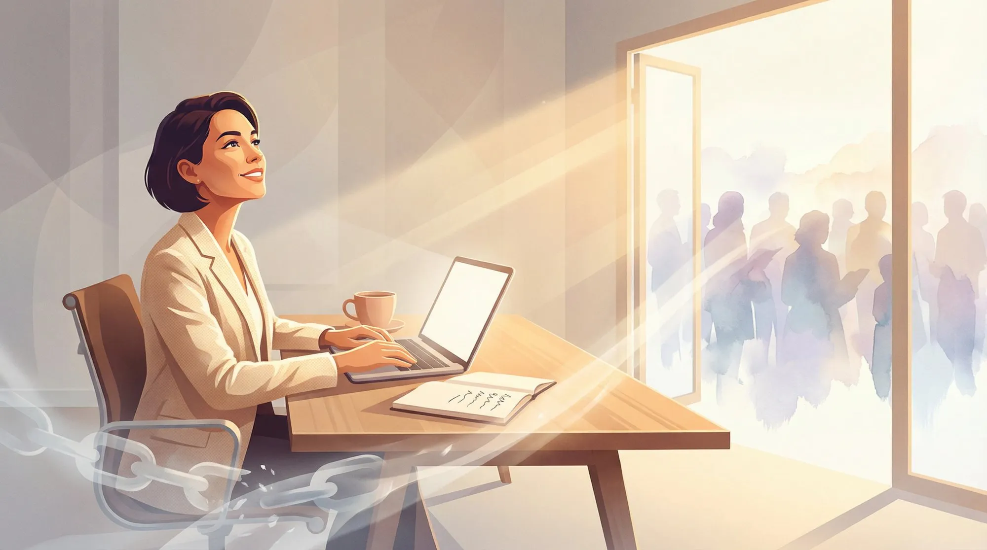 Writer at desk bathed in warm light with open doorway symbolizing freedom from platform constraints and new possibilities