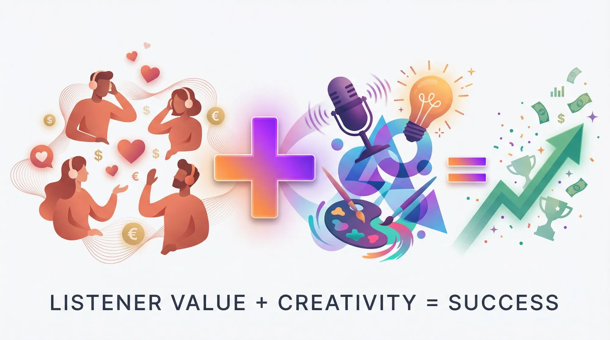 Modern editorial illustration depicting the podcast monetization success equation with creative visual metaphors