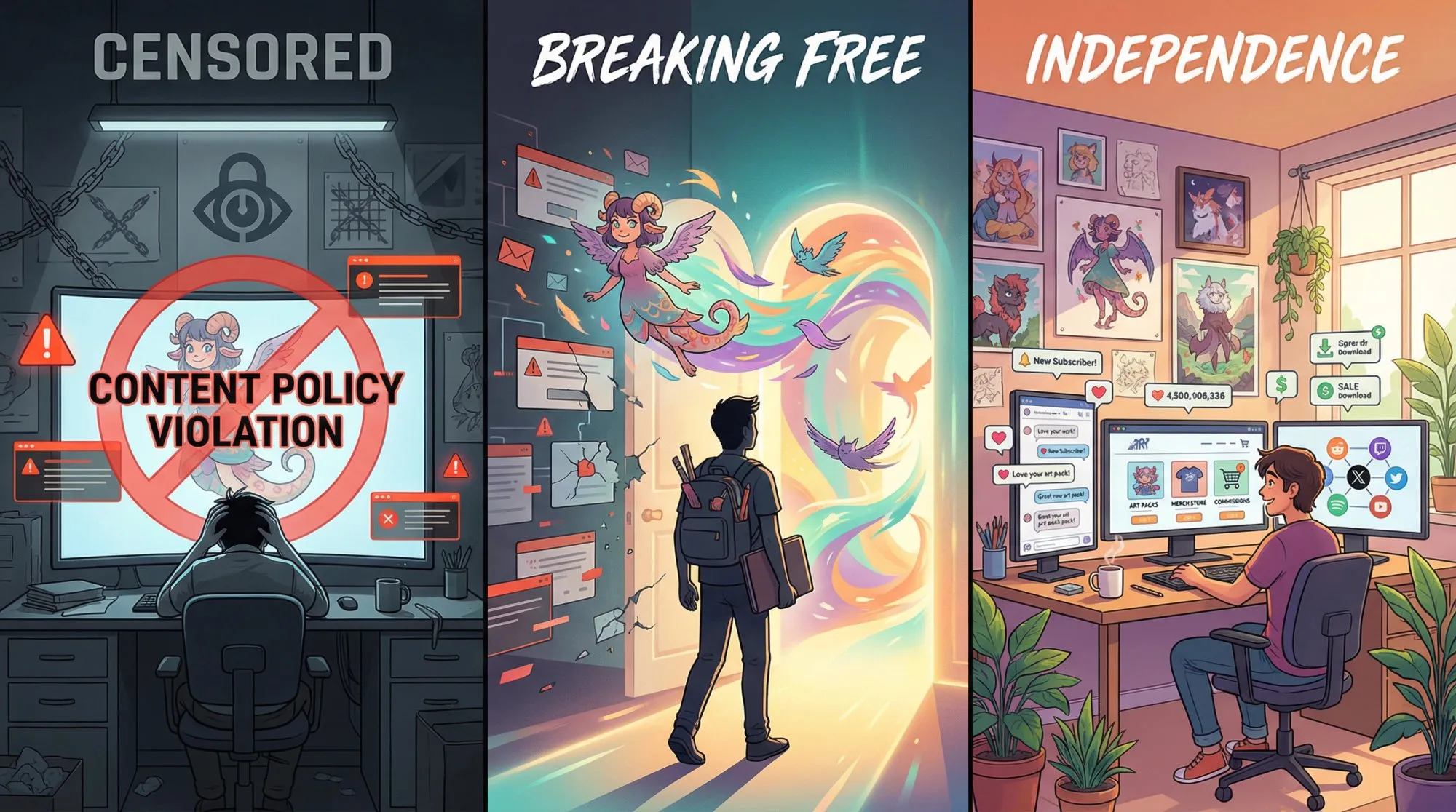 Three-panel journey showing artist Slugbox moving from platform censorship to independence and creative freedom