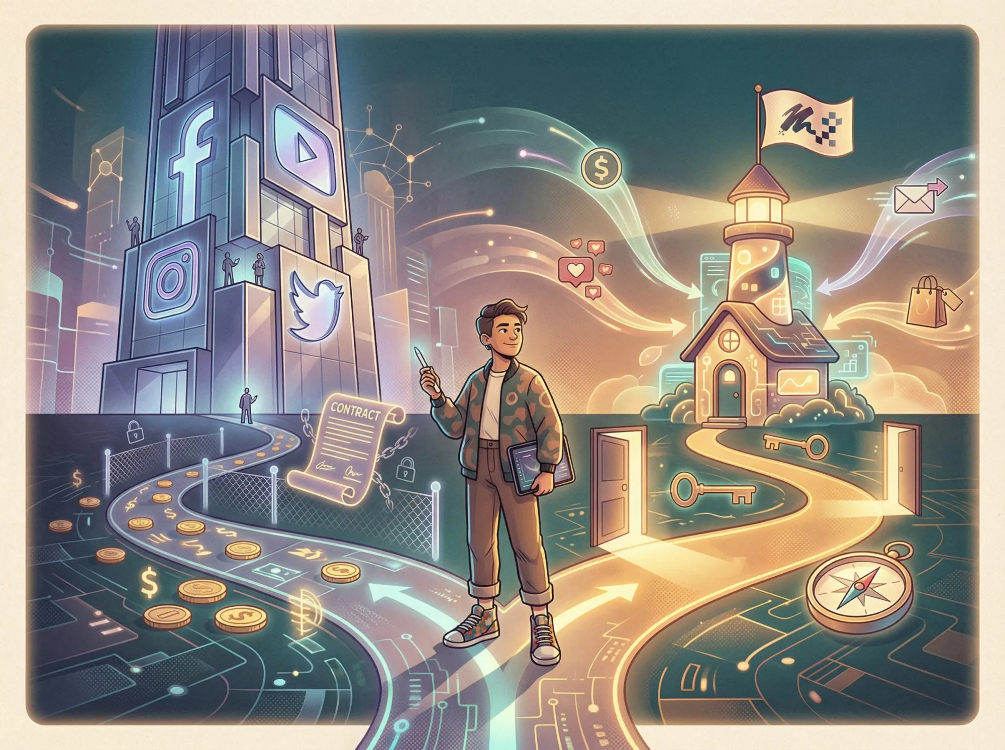 Illustration of a creator choosing between platform exclusivity and independent ownership with their own website as the central hub