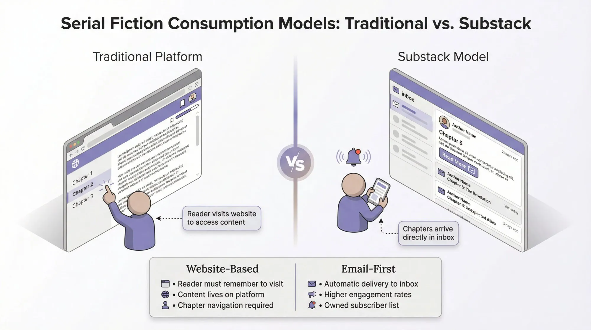 Split comparison showing Substack's email-first chapter delivery versus traditional website-based reading experience