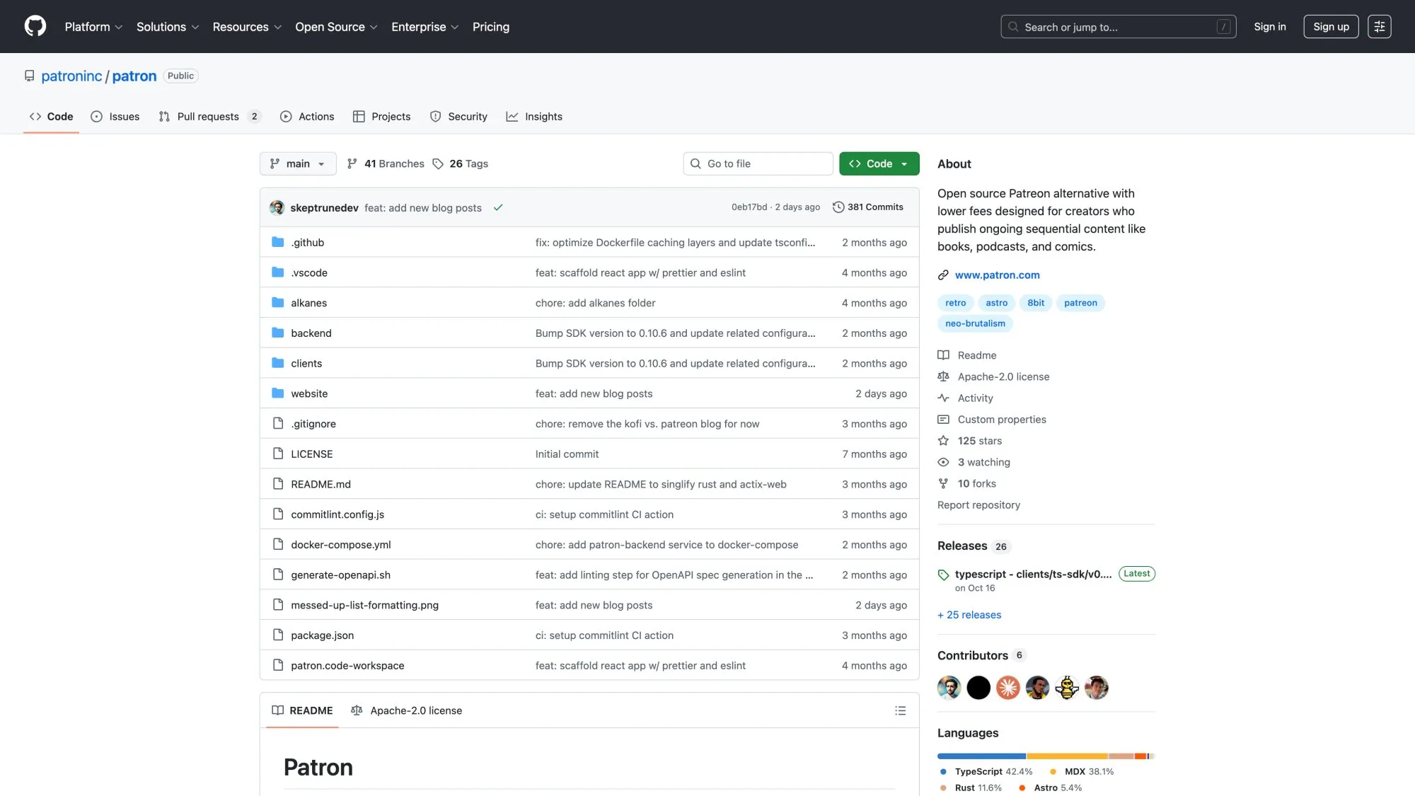 Patron GitHub repository showing Apache 2.0 open-source license, tech stack with Rust and TypeScript, and active development