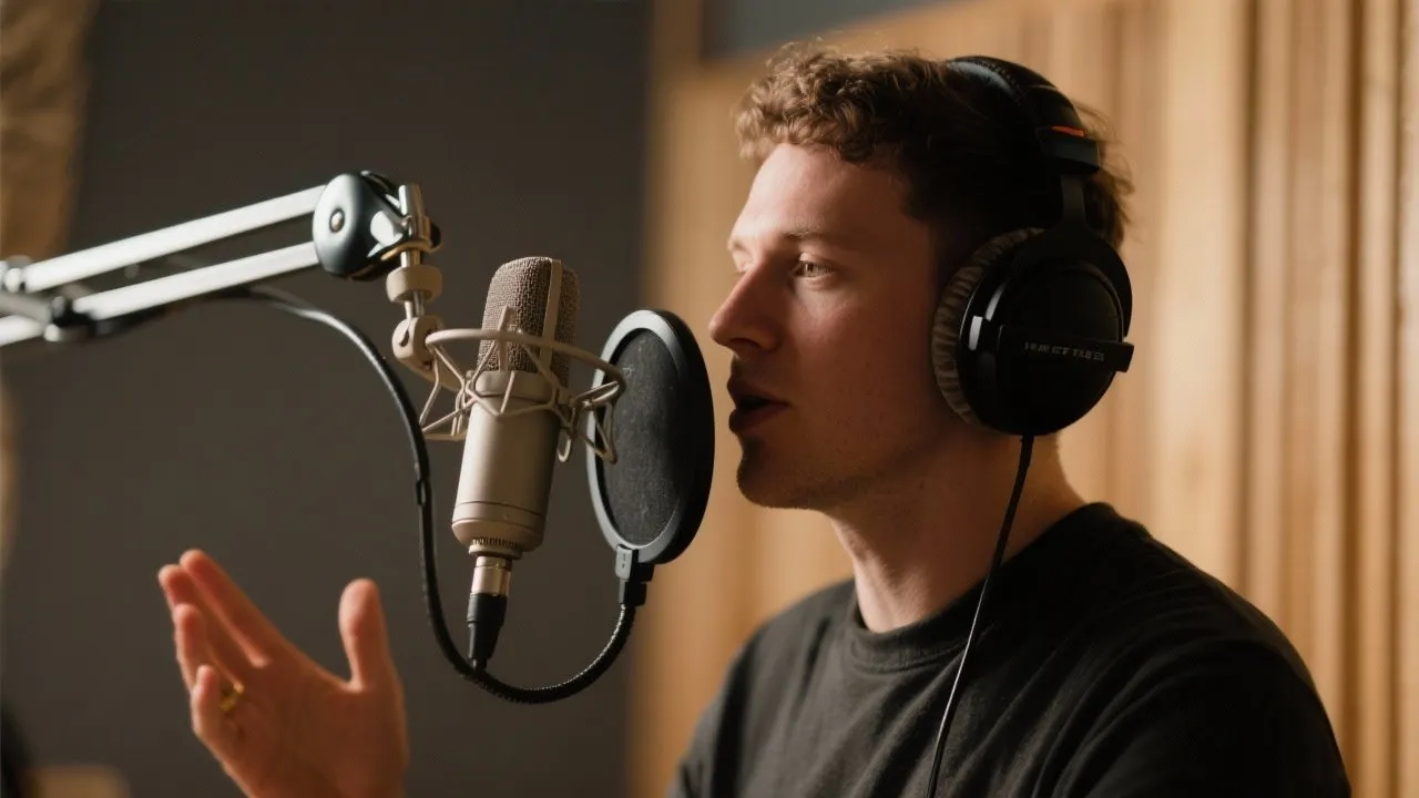 Podcaster speaking into broadcast microphone in professional recording studio environment