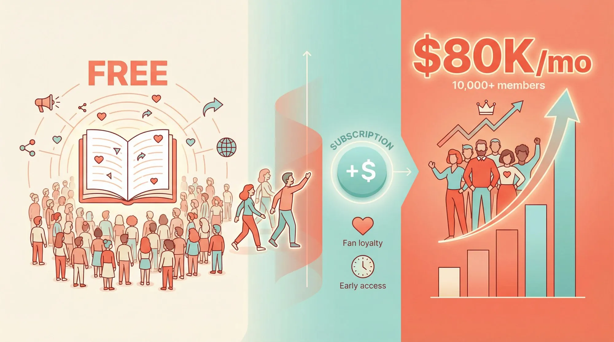 Infographic showing how serial creators earn $80K monthly by combining free content for audience growth with membership monetization