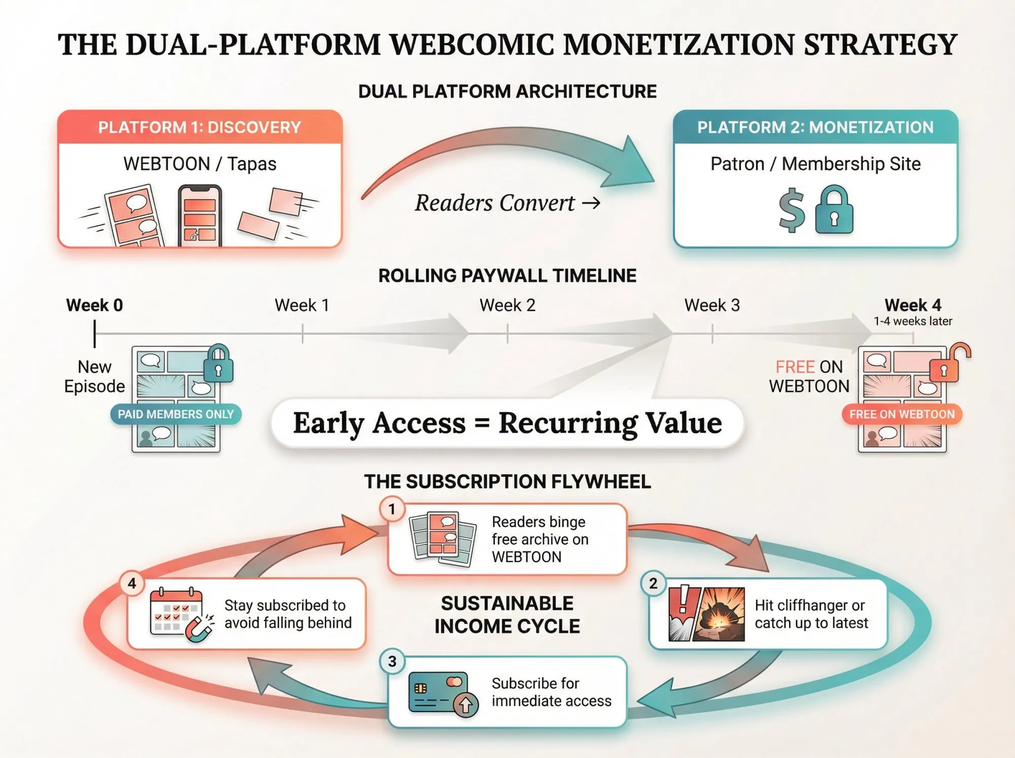 Strategic diagram showing WEBTOON-to-membership platform flow with rolling paywall timeline and subscriber flywheel cycle
