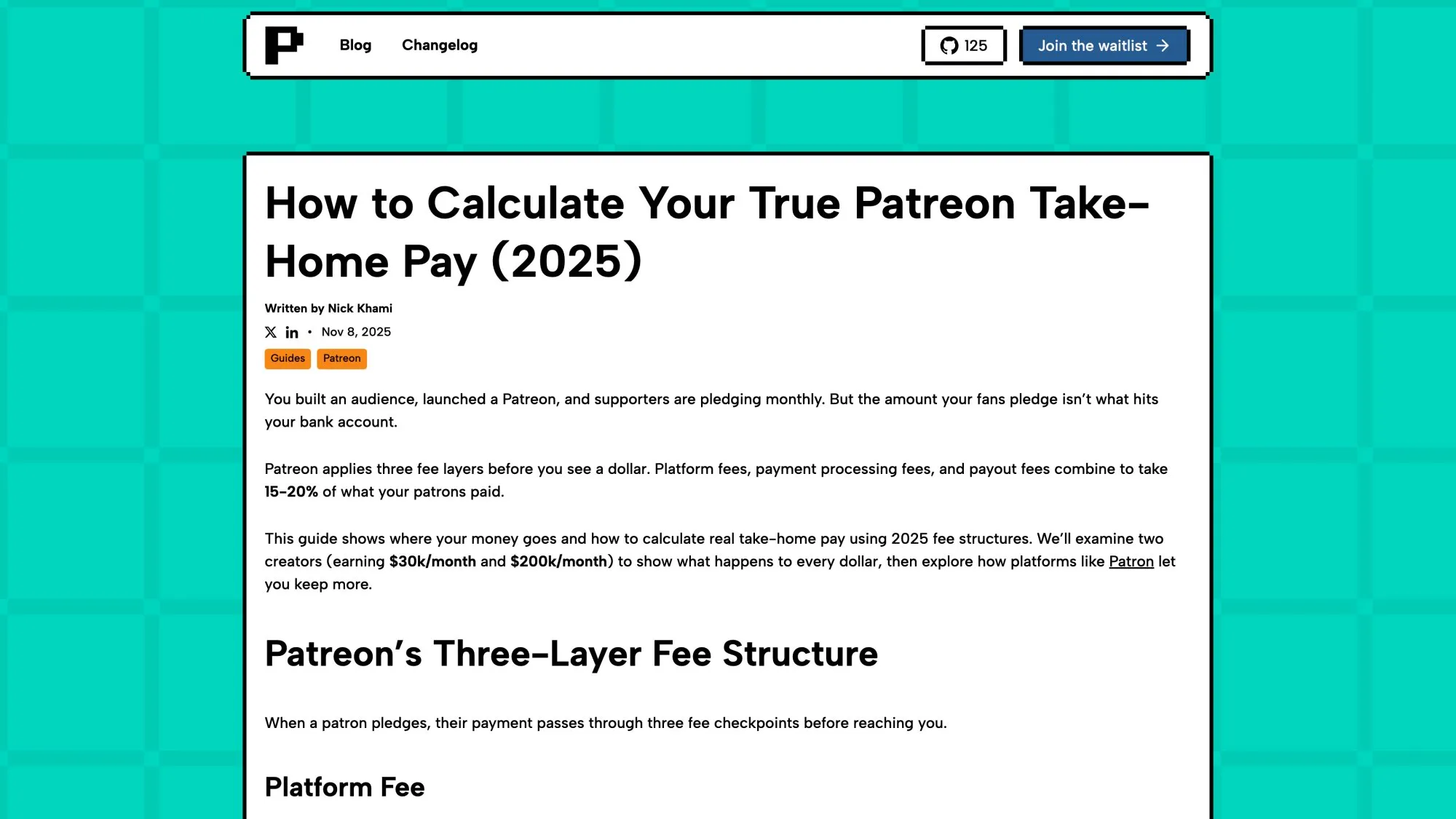 Patron fee comparison page showing 1% platform fees versus Patreon's 10% fees with detailed take-home pay calculations