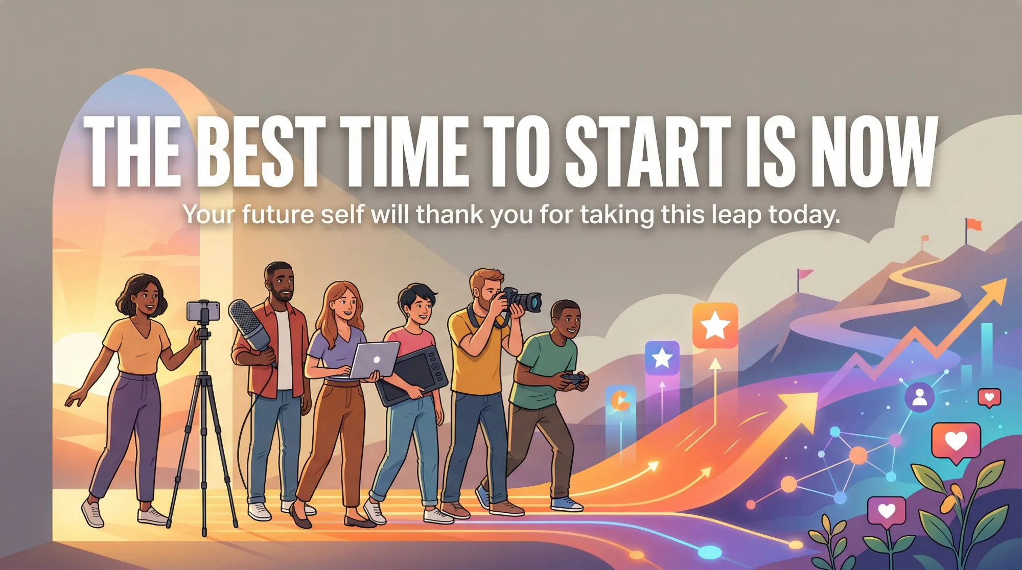 Inspirational call-to-action illustration showing diverse creators taking their first steps with recording equipment and creative tools