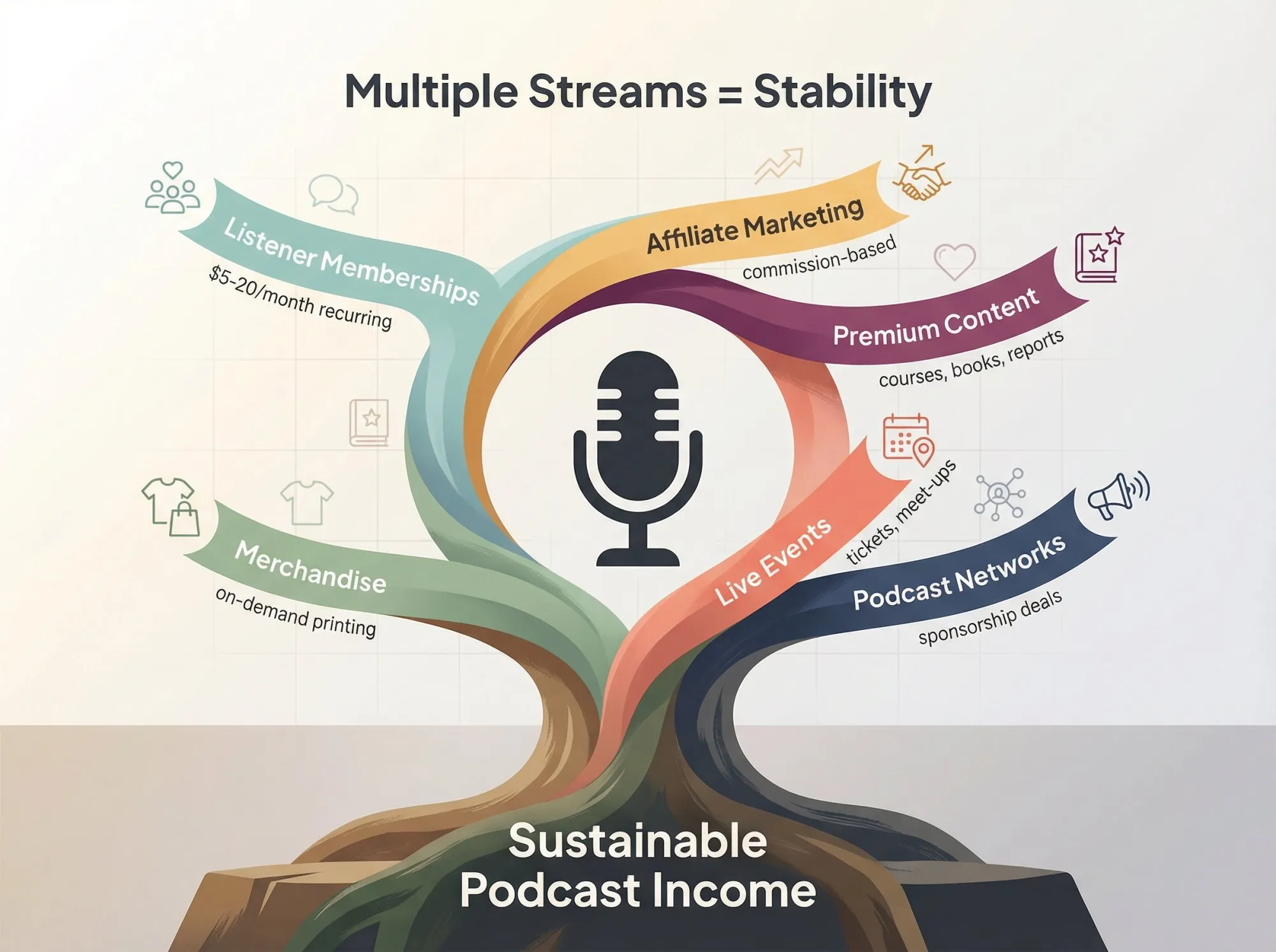 Diverse podcast revenue streams flowing into sustainable income foundation with memberships, content, and community