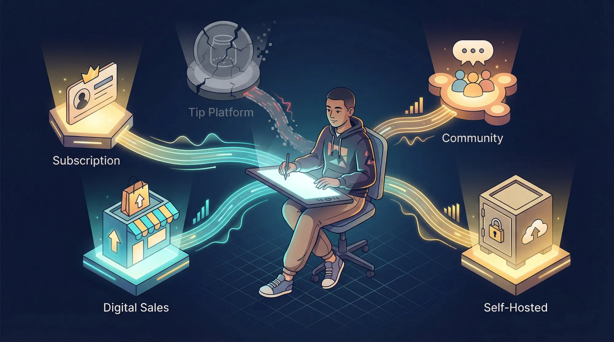 Platform diversification strategy for NSFW comic artists showing multiple revenue streams protecting creator income