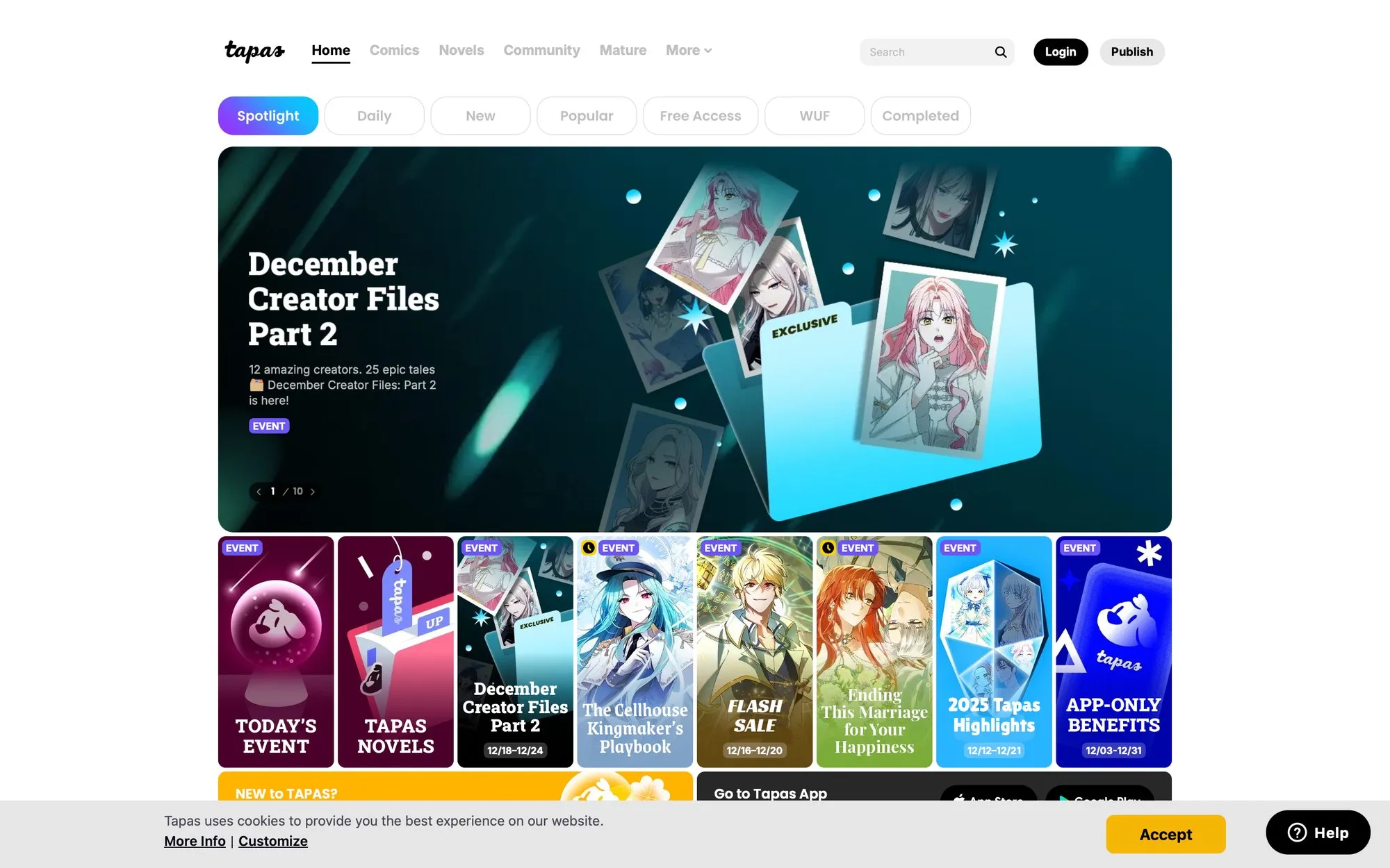 Tapas website homepage displaying a featured banner for 'December Creator Files Part 2' and other webtoon/novel events.