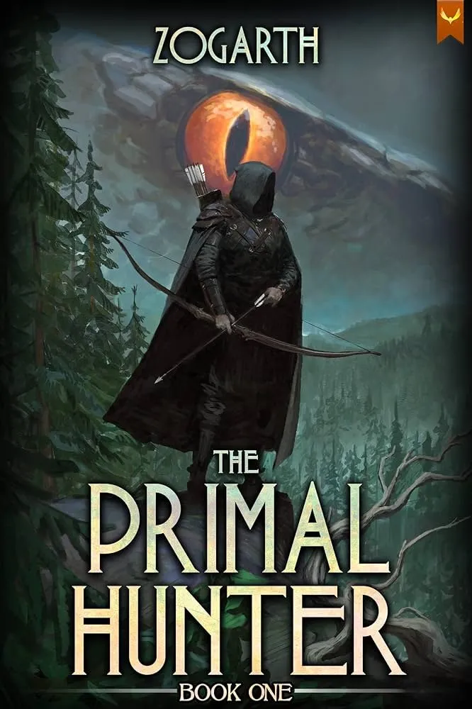Fantasy book cover showing hooded archer with bow against giant eye in misty forest