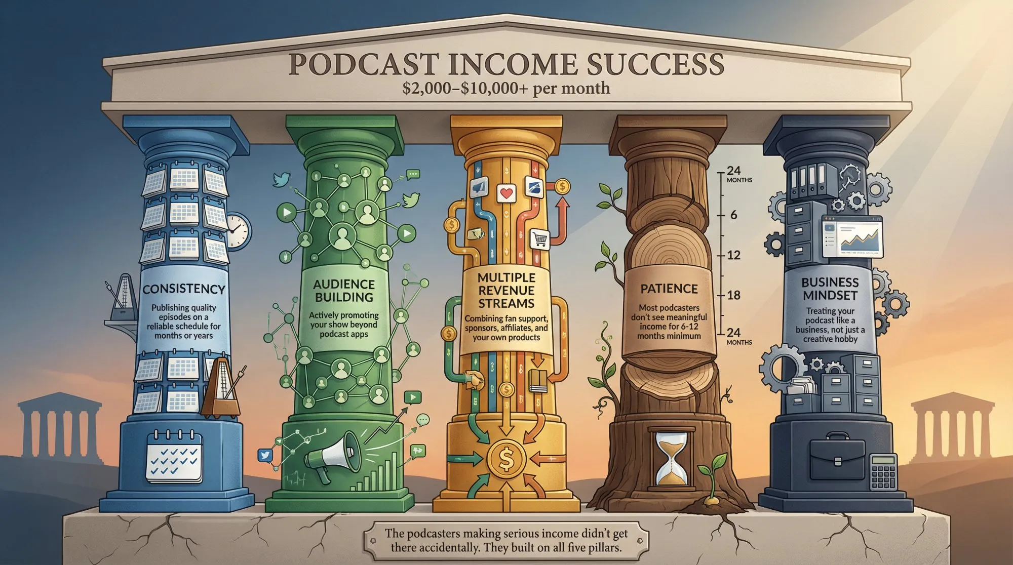 Five interconnected pillars showing the key requirements for podcast monetization success: consistency, audience building, multiple revenue streams, patience, and business mindset