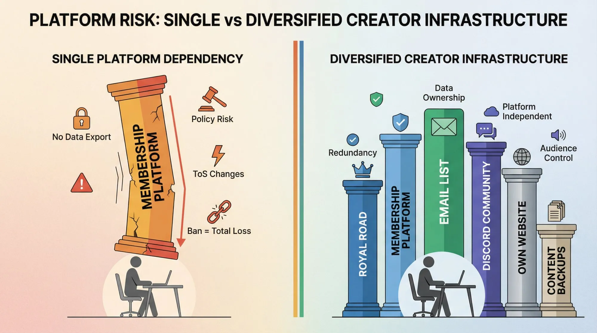 Side-by-side comparison diagram showing single-platform dependency vs diversified creator infrastructure with multiple channels
