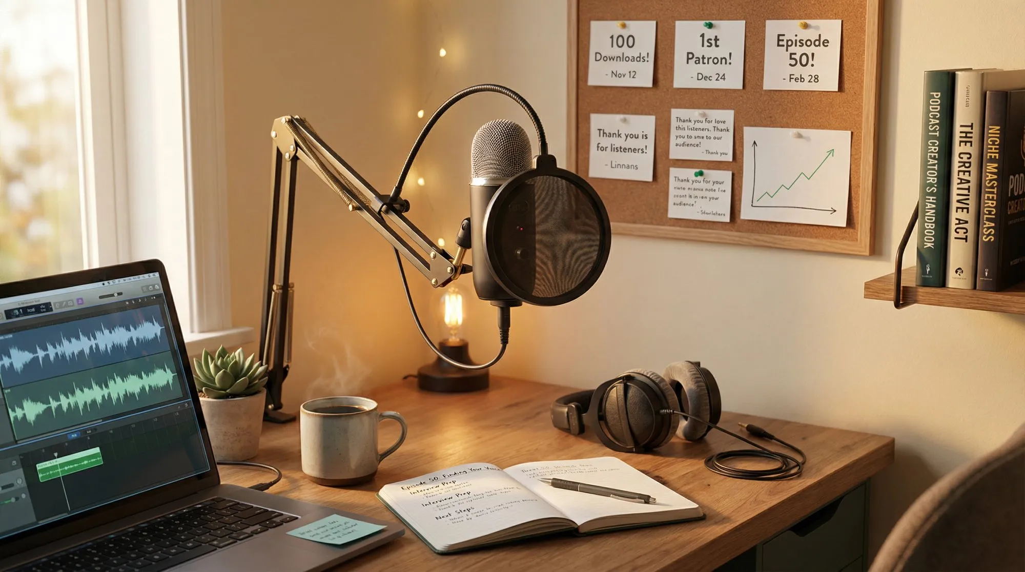 Warm home podcast studio showing creator's journey from first episode to successful monetization