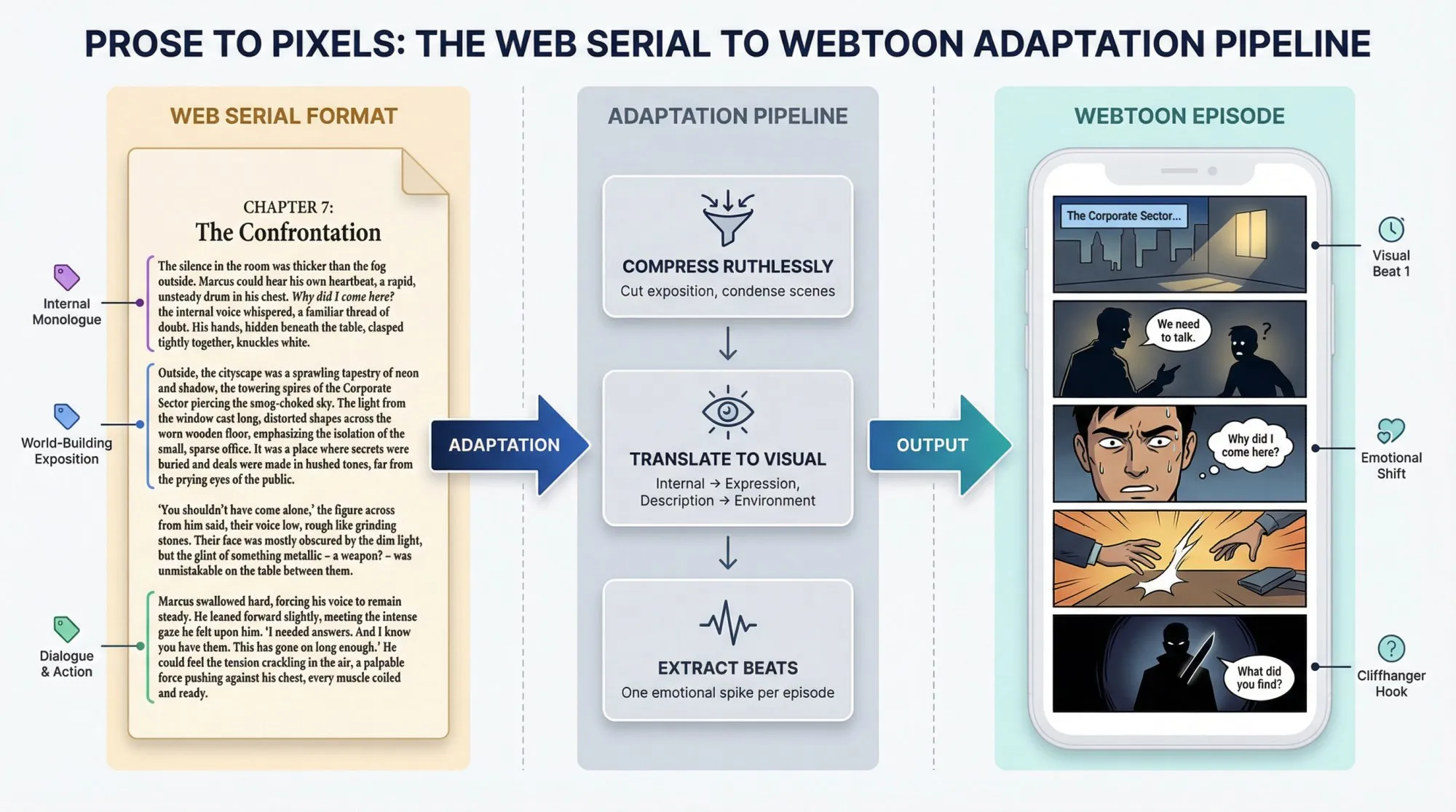 Adaptation workflow showing web serial prose transforming into webtoon episode beats through compression and visual translation