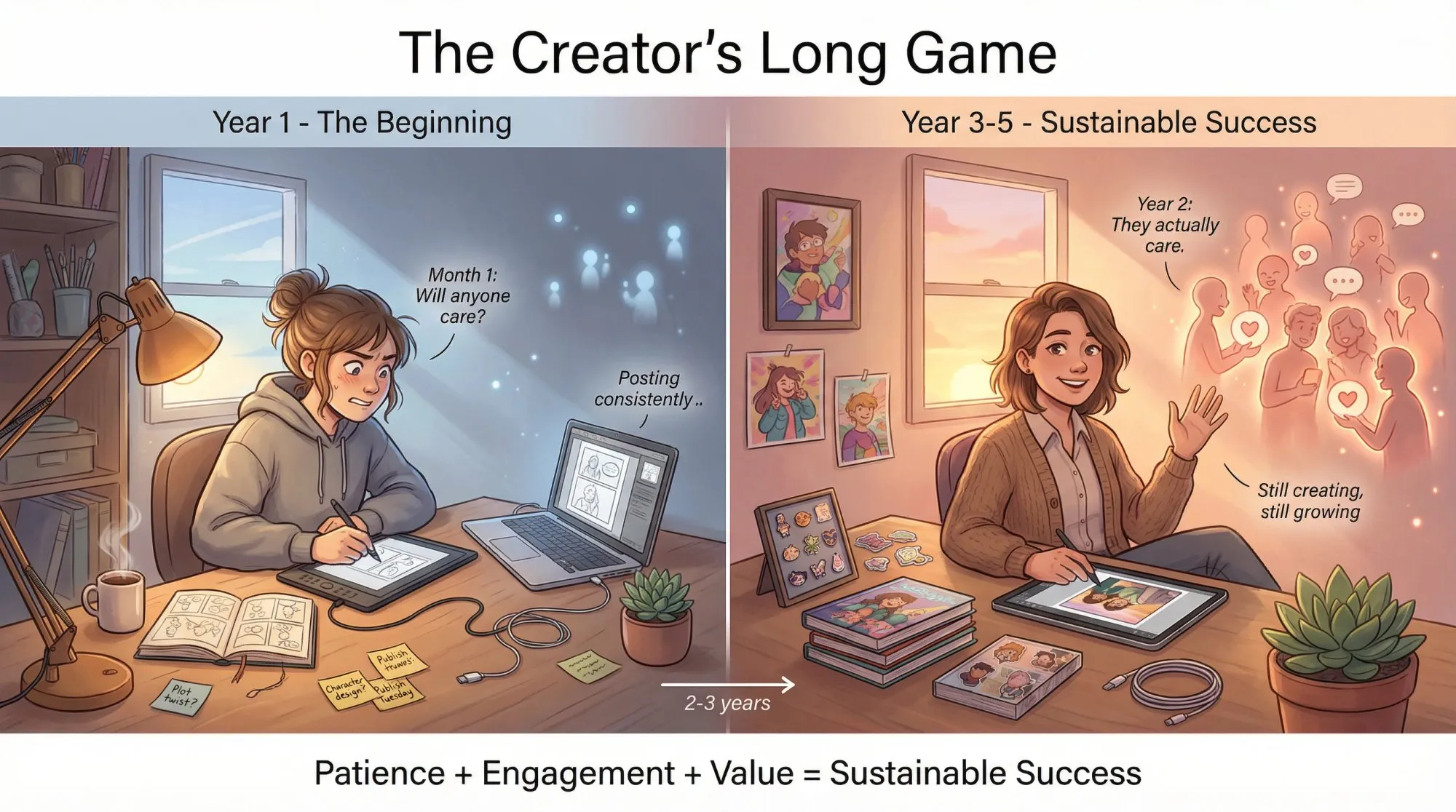 Split-panel illustration showing webcomic creator's journey from year 1 to year 3, depicting growth and community