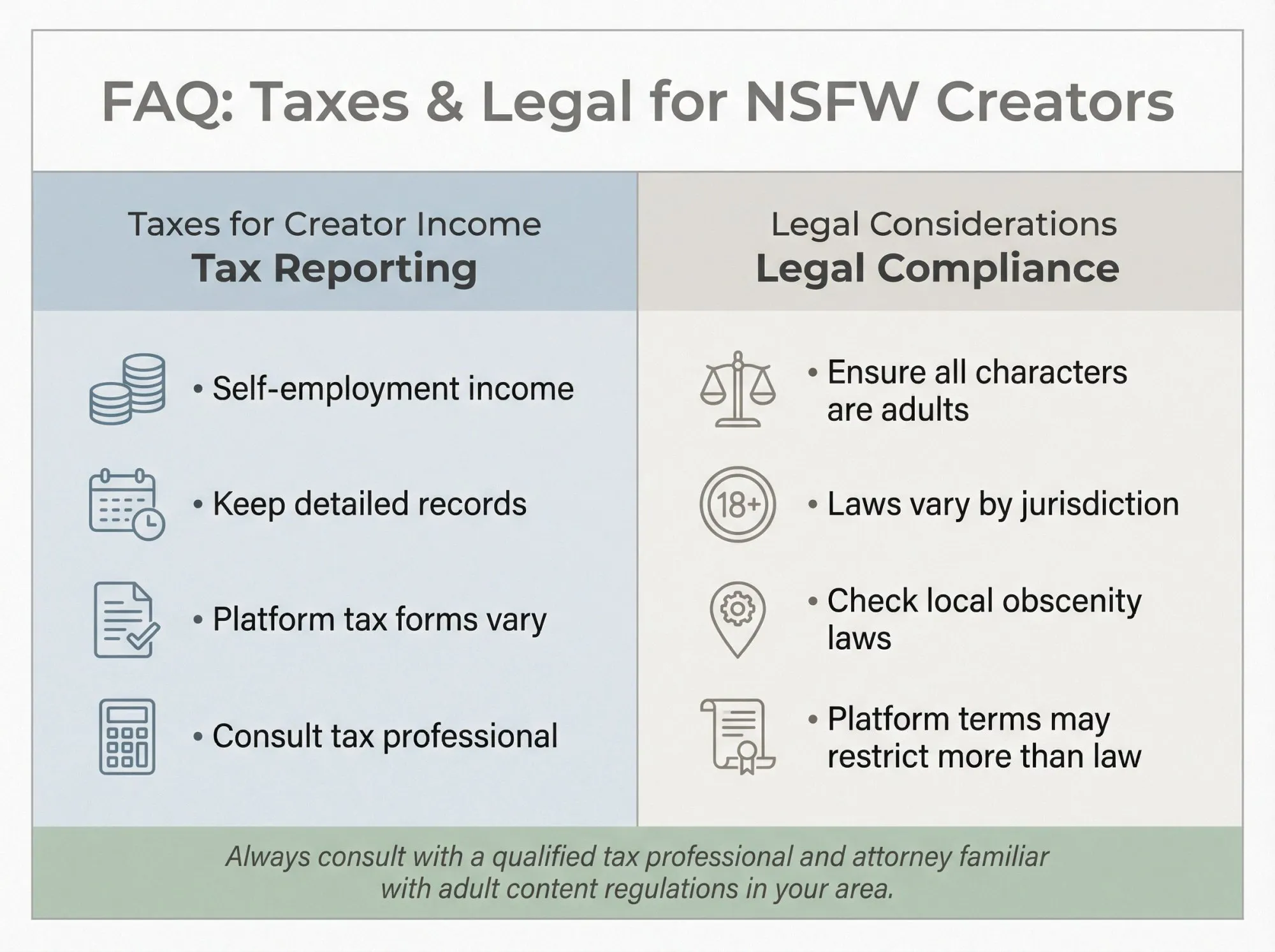 FAQ visual showing tax and legal considerations for NSFW comic creators with clean professional design