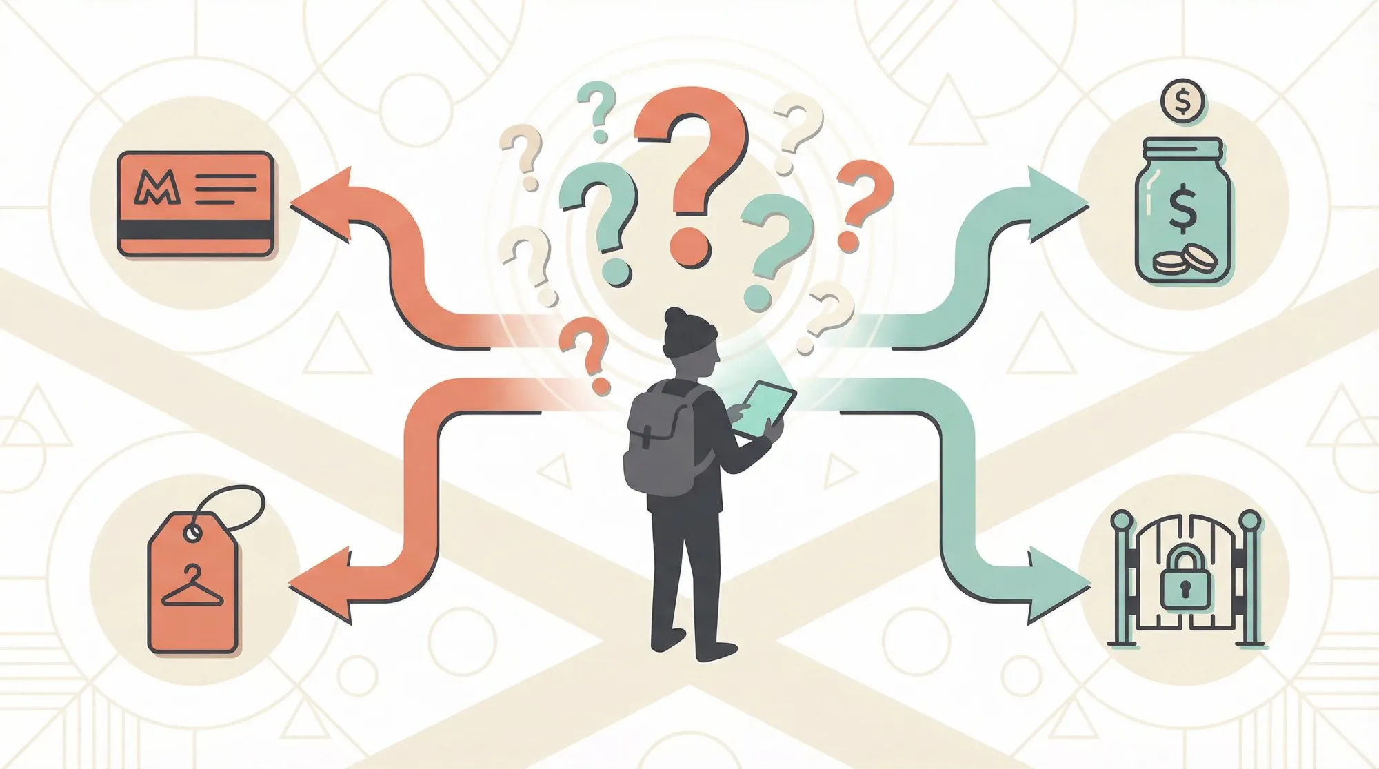 Editorial illustration of a content creator finding clarity among common monetization questions, with question marks transforming into clear pathways