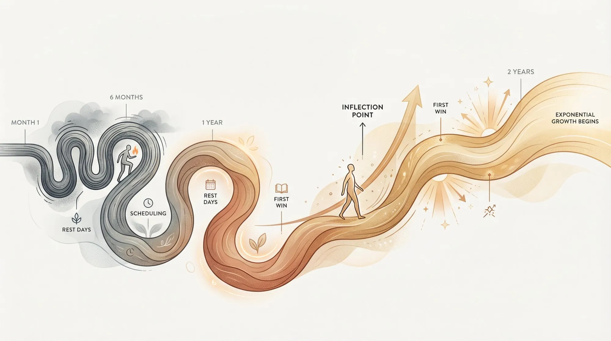 Conceptual illustration showing a creator's long-term journey as a winding path over time, with visual markers for burnout and recovery cycles, exponential growth curve, and celebration milestones