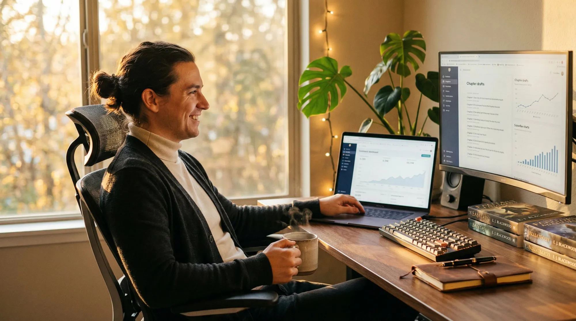 Serial fiction author at creative workspace, experiencing success with fair platform economics